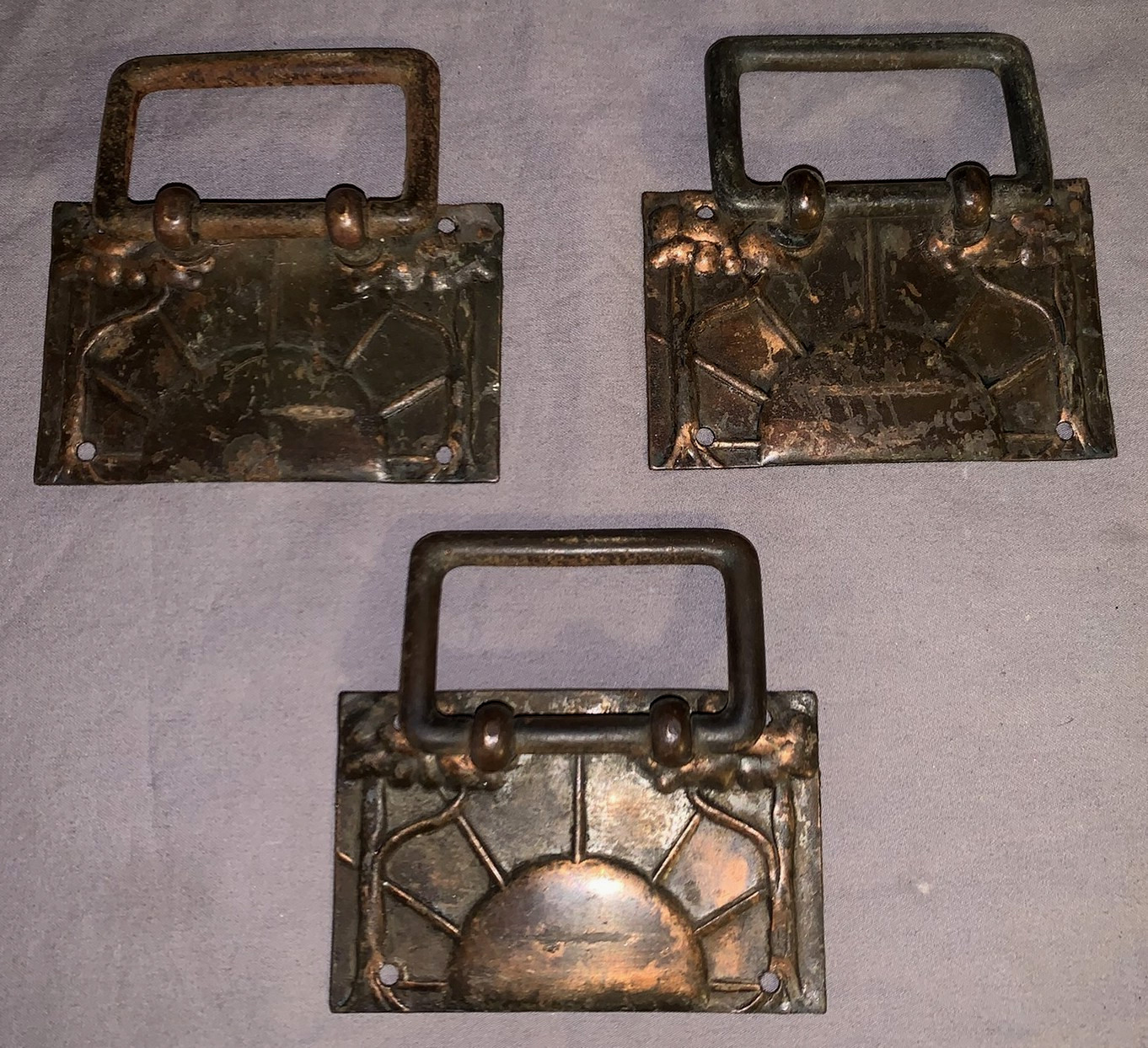 Great Set of 3 Unique Antique Copper Sunburst Design Drawer Pulls A5