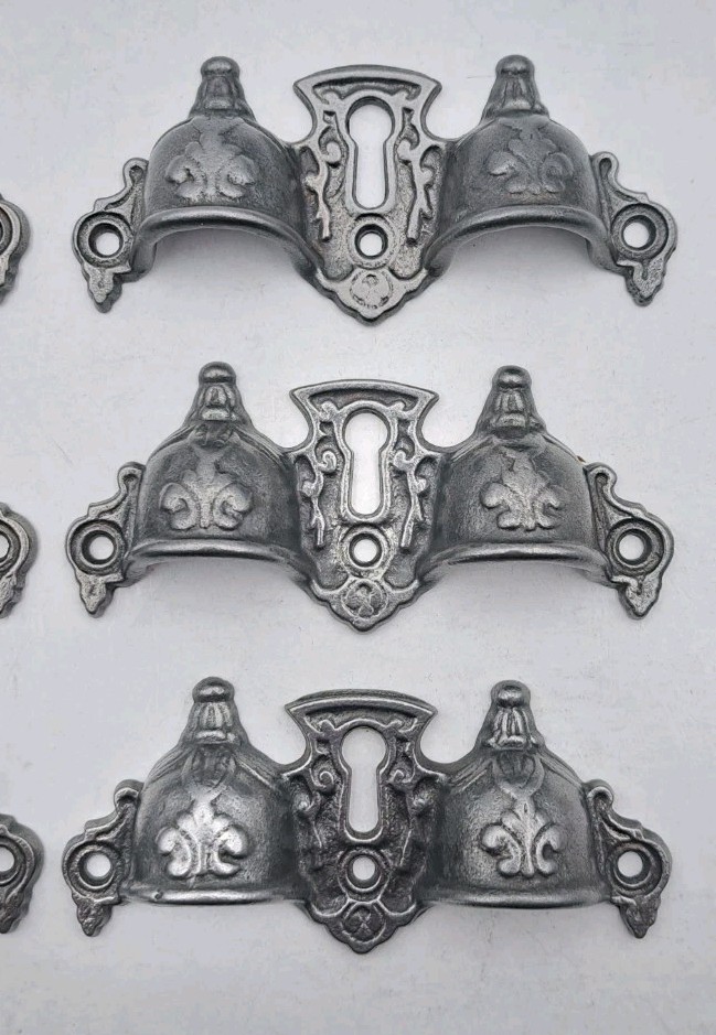 Antique Bin Pulls Eastlake Two Finger Handles Unique Cast Iron Hardware Set of 6