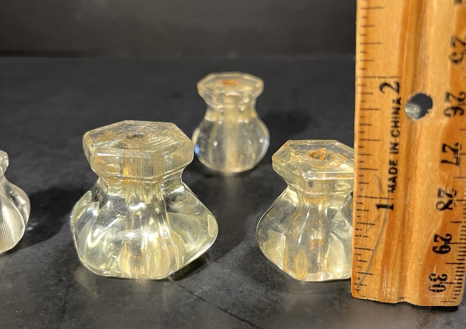 5 Vintage Hexagon Glass Drawer Knob Pulls Two Pairs & One Single