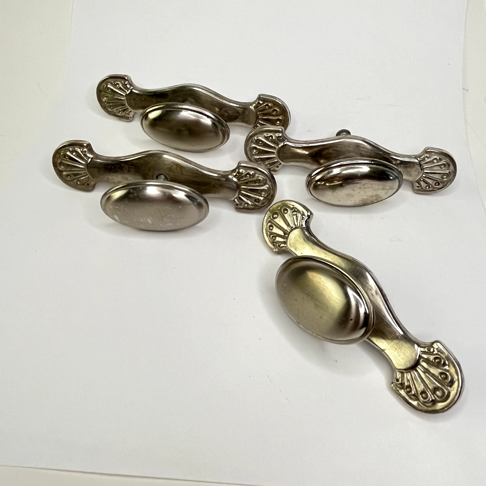 Four Vintage Drawer Pulls Handles Lot of Oval Knobs brushed nickel plate C