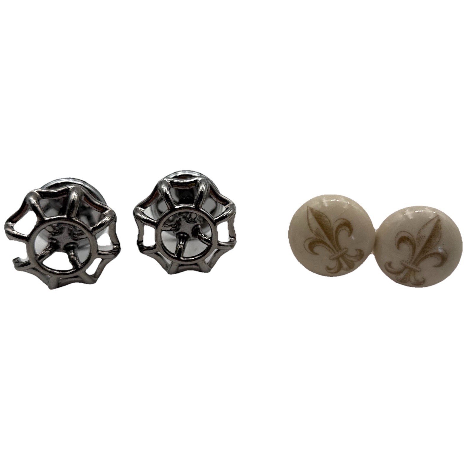 Set Of 4 Beige Ceramic And Silver Metal Drawer Pulls
