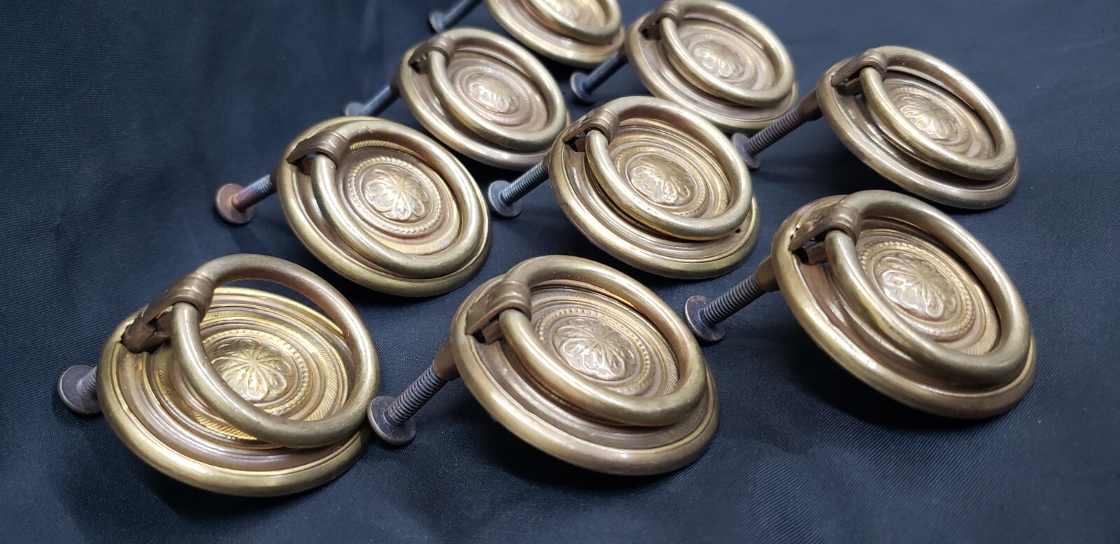 9 Ornate Round Brass Furniture Drop Pulls with Screws 1 7/8″ Round GS00310