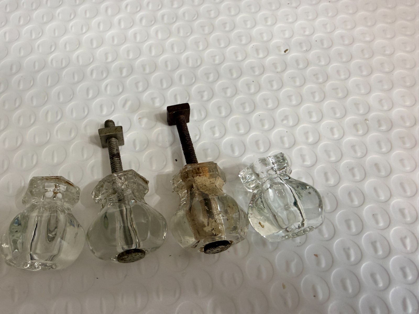 6 small Vintage Clear Glass Cabinet Pulls Knobs Antique Hexagon