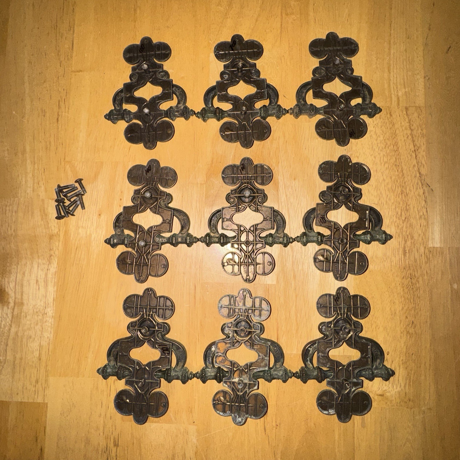 9 Ornate Vtg. Brass Celtic Drawer Bail Cabinet Door Ring Pull Handle & Backplate