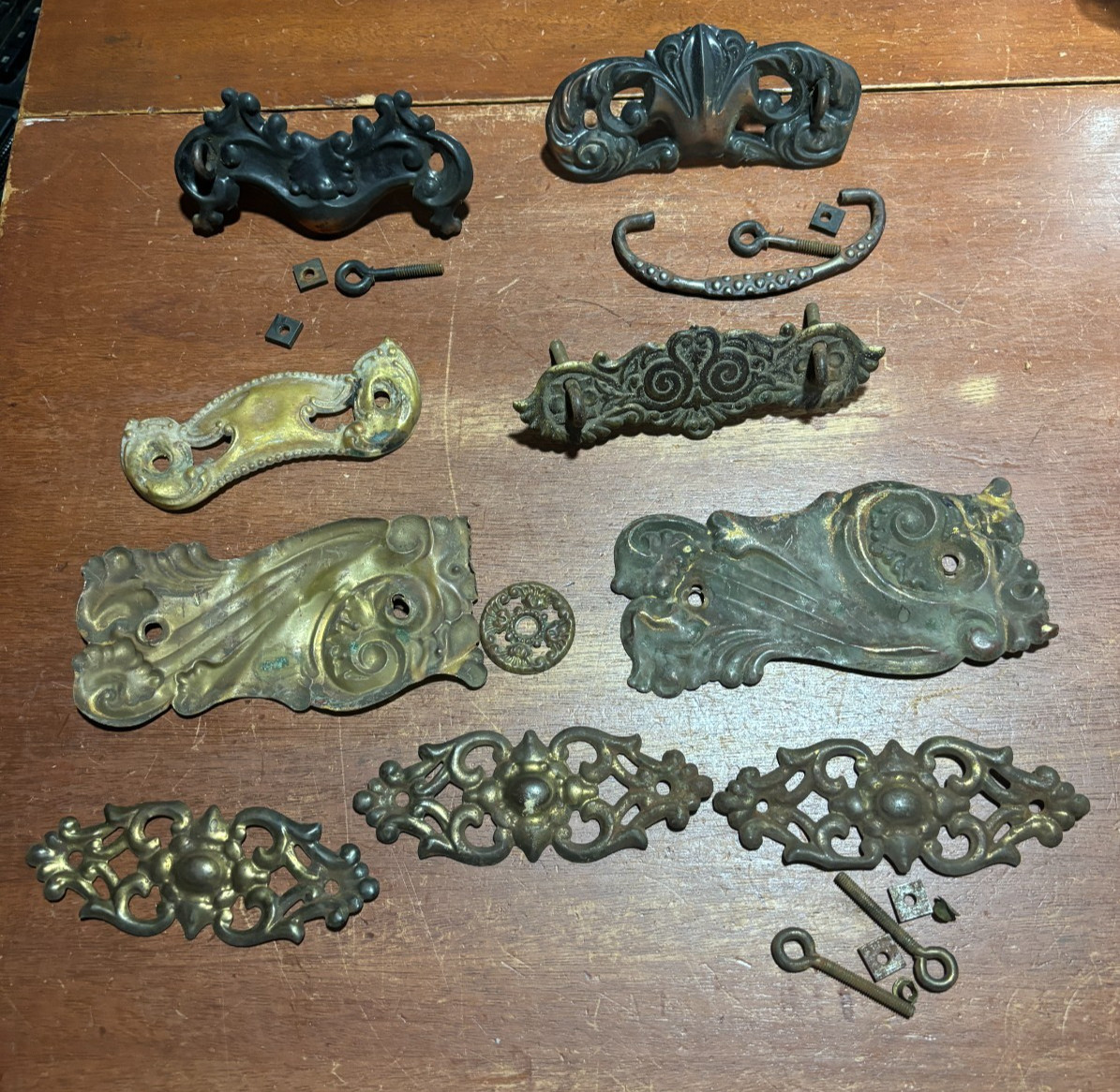 Lot of 9 Mixed Ornate Vintage Pressed Metal Drawer Backplates one with Pull
