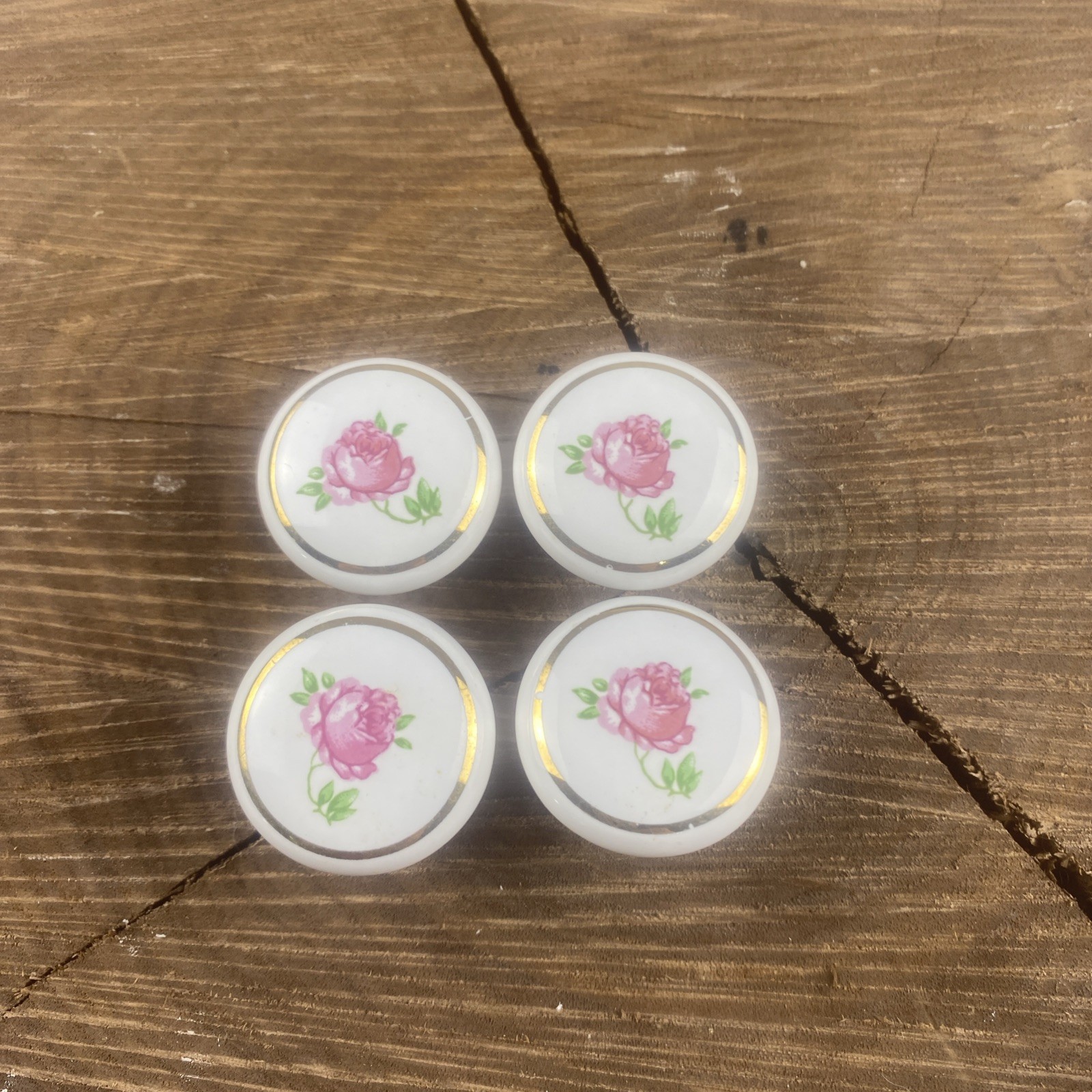 4 Ceramic Porcelain Drawer Pulls Vintage White Gold Round Floral Cabinet Knobs