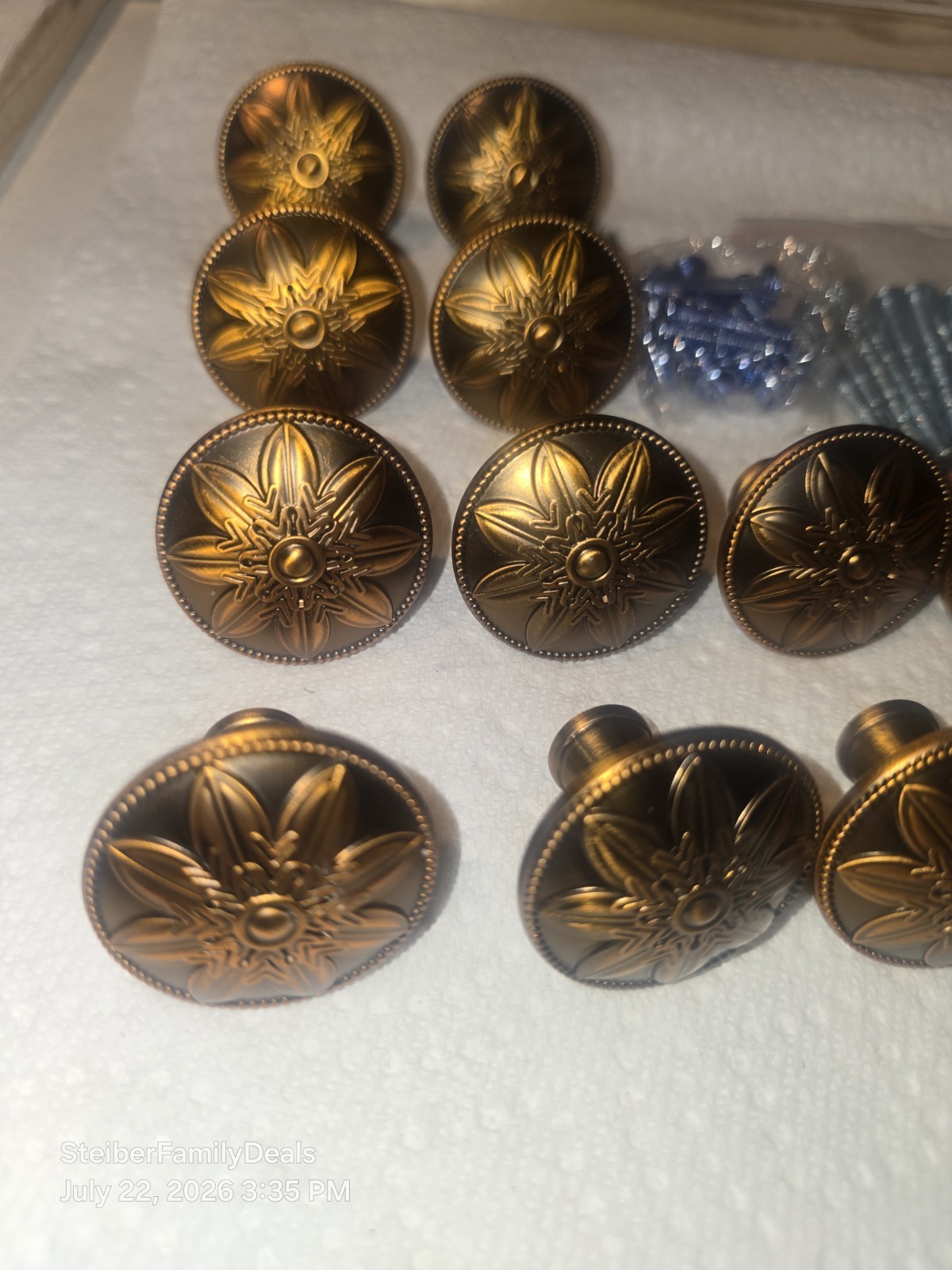 12 Antique Brass Knobs / Handle Pulls – Flower Pattern for Cabinets Drawers