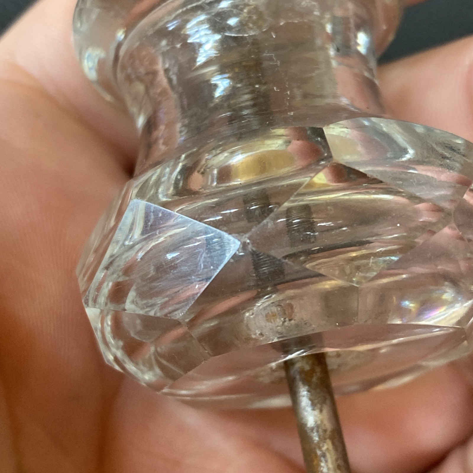 Faceted 1.75”x1-5/8” Antique Pressed Clear Glass Sandwich Drawer Pull Post Bolt
