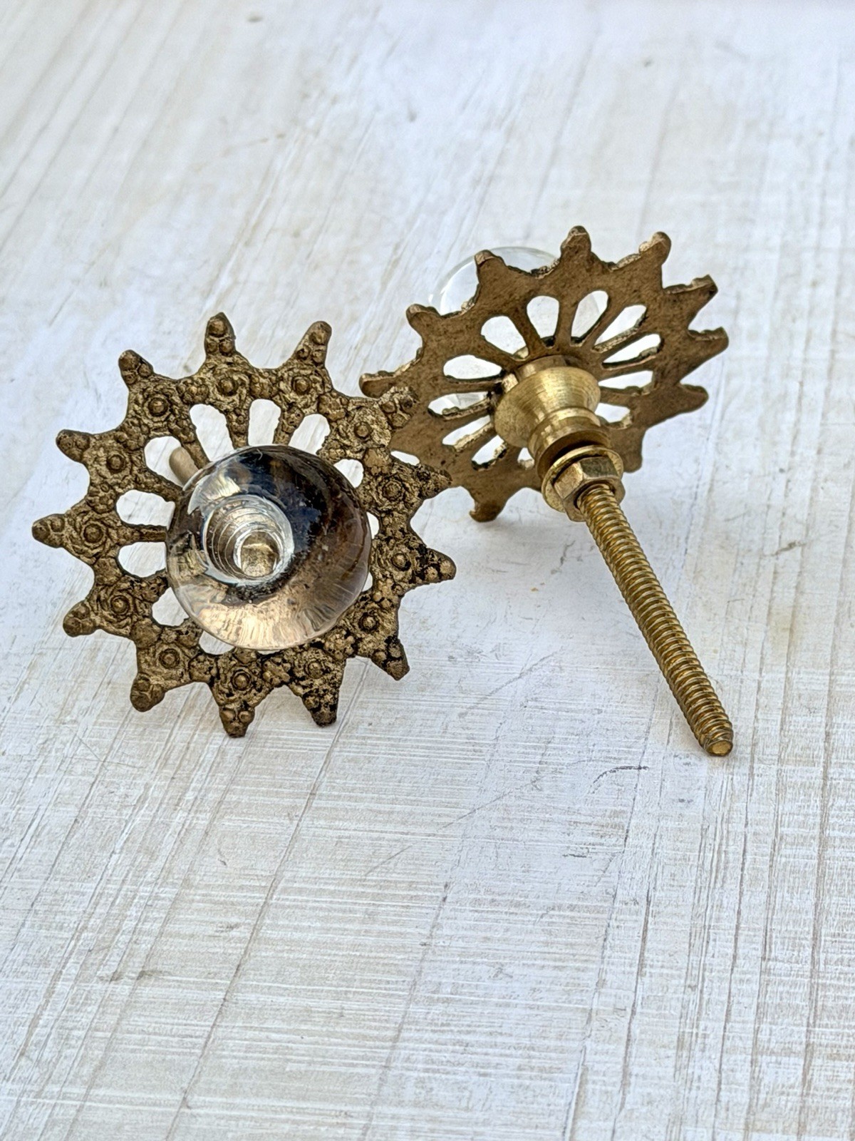 4 Antique Glass Drawer Pull Handle Clear Smooth Cabinet Knob Brass Ornate Base