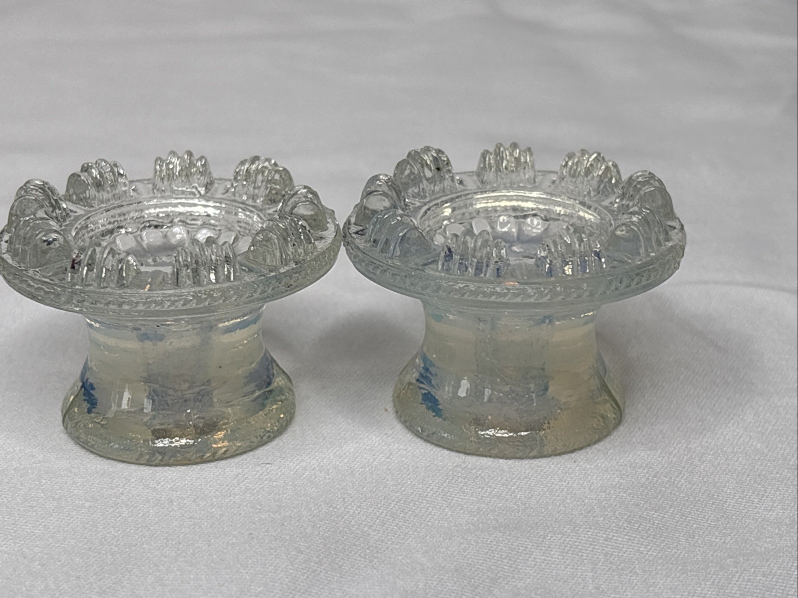 2 Antique Boston Sandwich Glass Floral Clam Broth Drawer Pulls 2” Iridescent