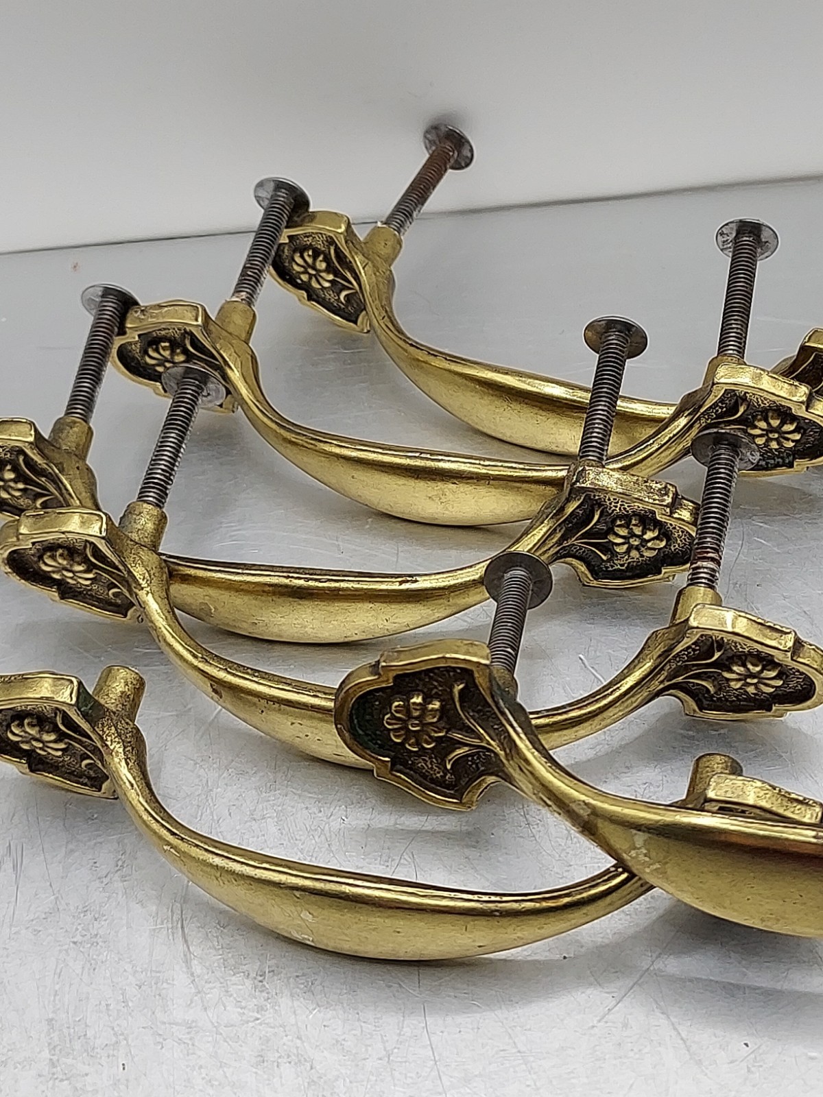 6 Brass Floral Cabinet Drawer Pull Handles 4.5″L KEELER Brass CO N18241 W/screws
