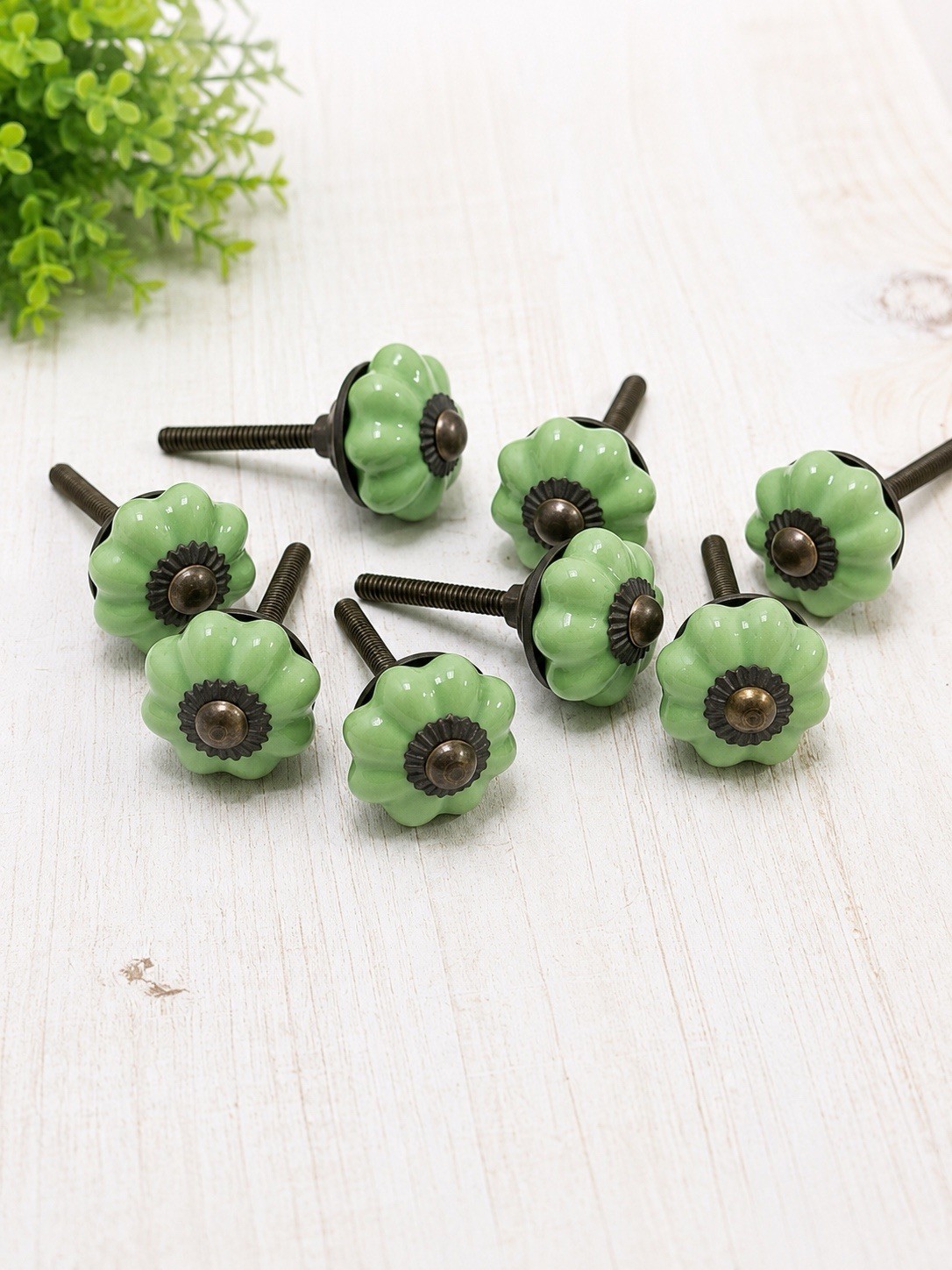 8 Antique Ceramic Drawer Pulls Green Flower Door Kitchen Cabinet Knob