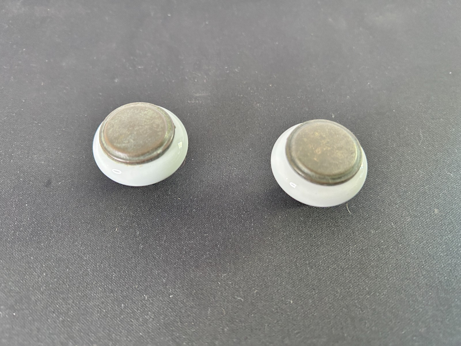 9 Vintage Mushroom White Porcelain Brass Drawer Cabinet Pulls Knobs