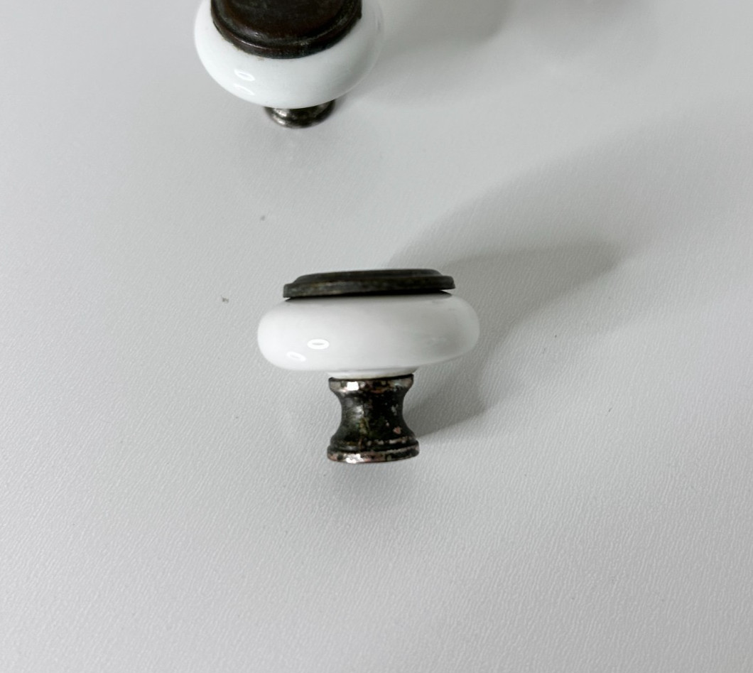9 Vintage Mushroom White Porcelain Brass Drawer Cabinet Pulls Knobs