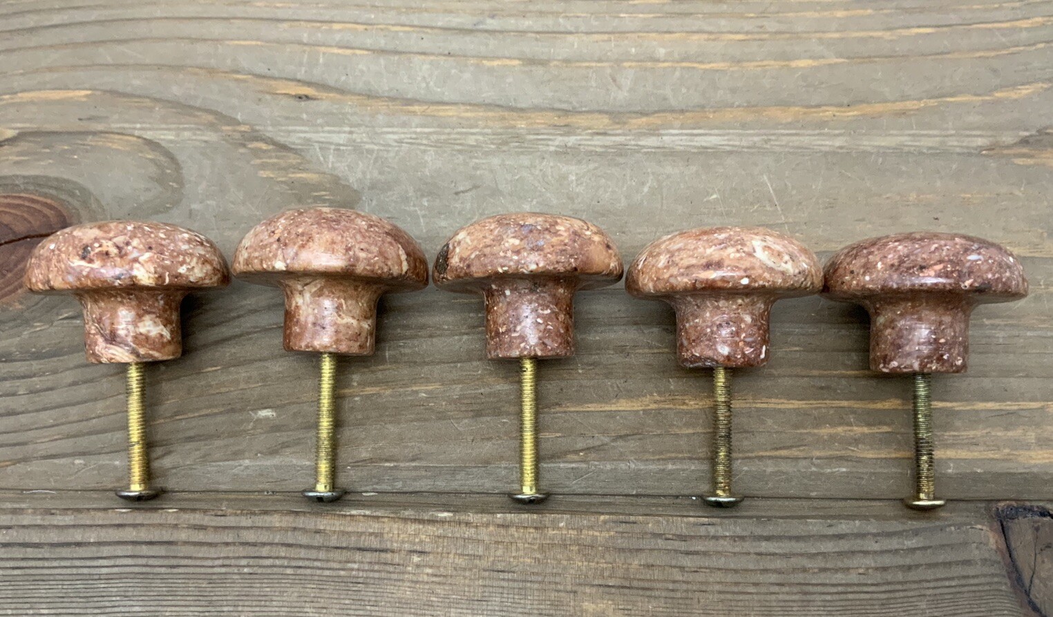 (5) Mushroom Shaped Red Marble Knobs Pulls with Screws Beautiful, Excellent