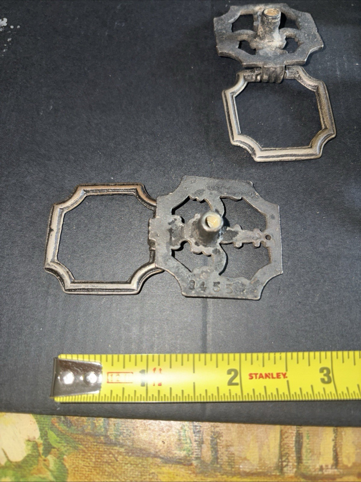 4 antique hardware drop ring drawer pull Set # 3455 Rococo Inspired Hexagonal
