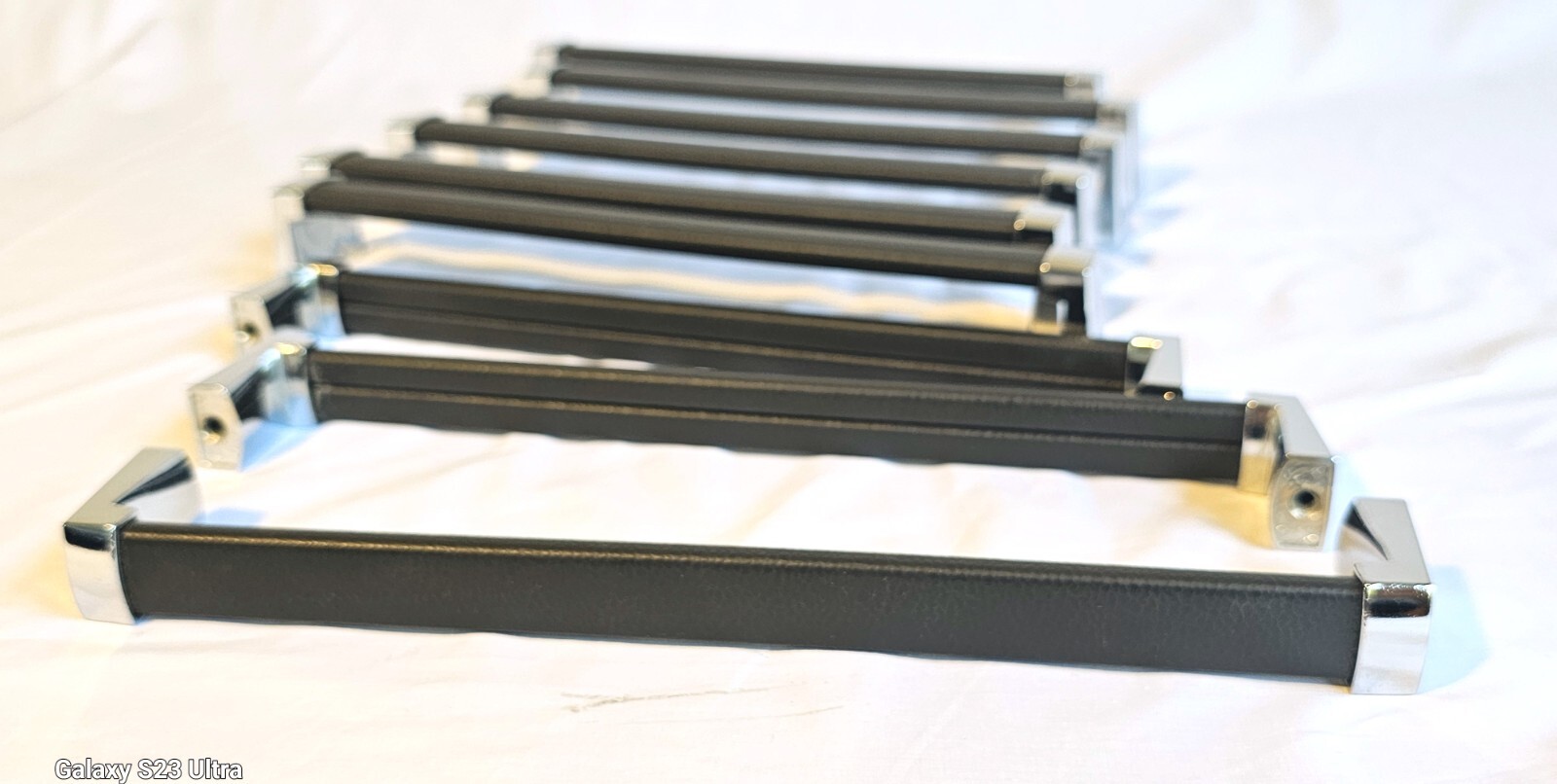 VINTAGE DRAWER PULL- FAKE LEATHER HANDLE – NICE LOOK SET OF 9 – CHROME METAL