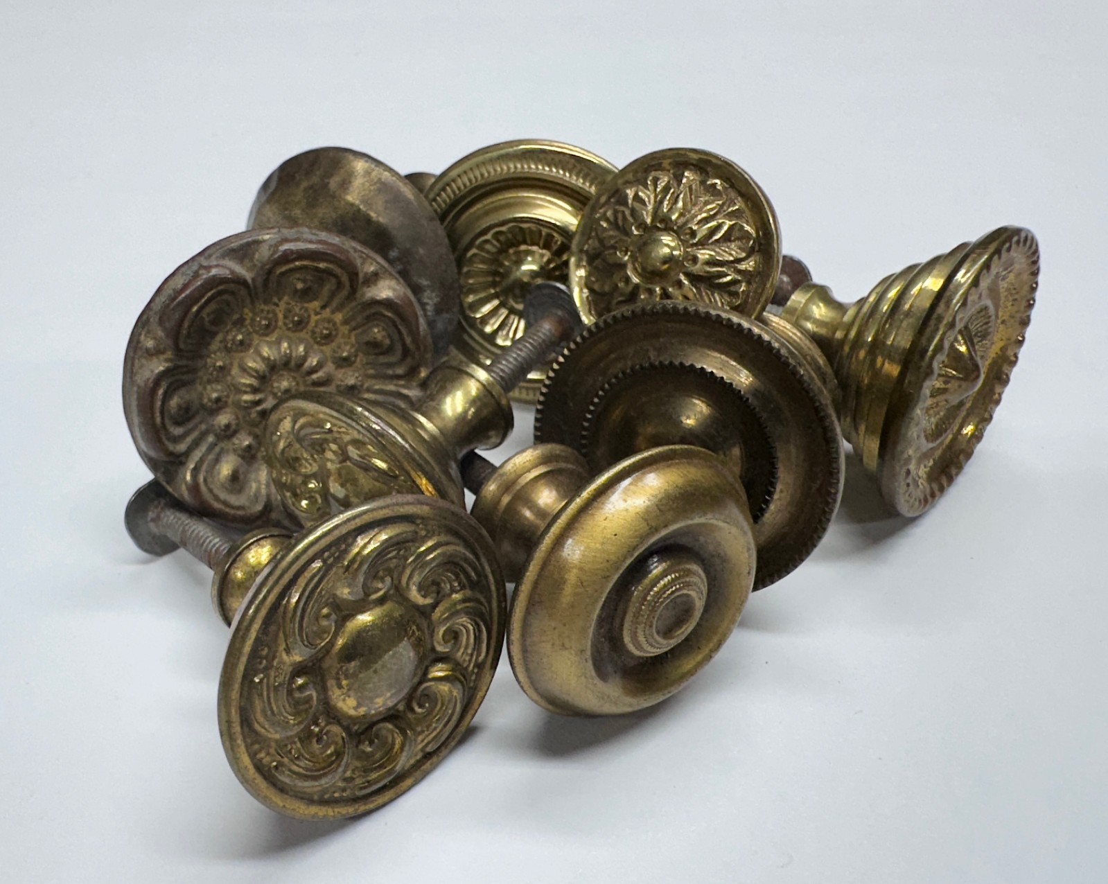 Lot of 9 Antique Brass Round Ornate Embossed Drawer Cabinet Dresser Pulls Knobs