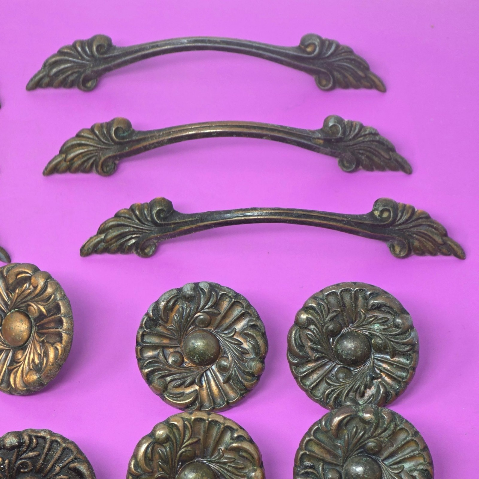 Set Of Vintage Brass Drawer Knobs & 6 Handles With Ornate Floral Design