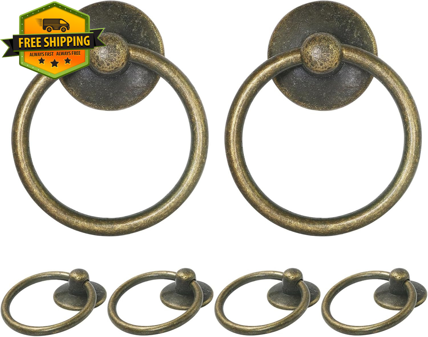 Antique Brass Drop Ring Drawer Pulls Vintage Cabinet Handles 6Pcs 1-3 4 Inch