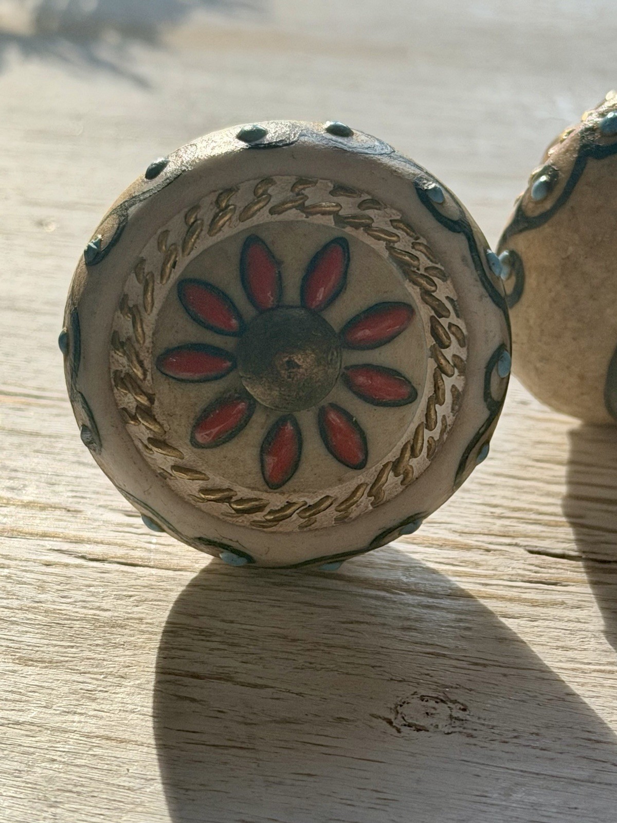 2 Antique Beige Red Floral Medallion Drawer Knob Cabinet Pulls Vintage Style