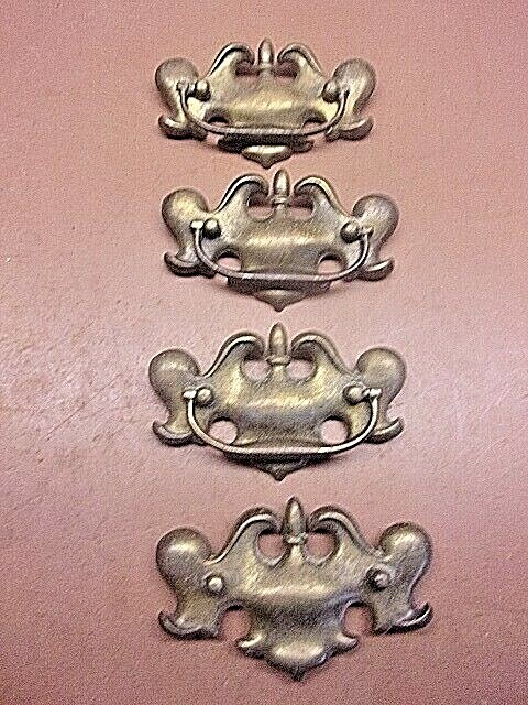 Lot of 4 Antique Brass Drawer Pulls w/Bail Drop Handles Bas Relief Great LQQK!