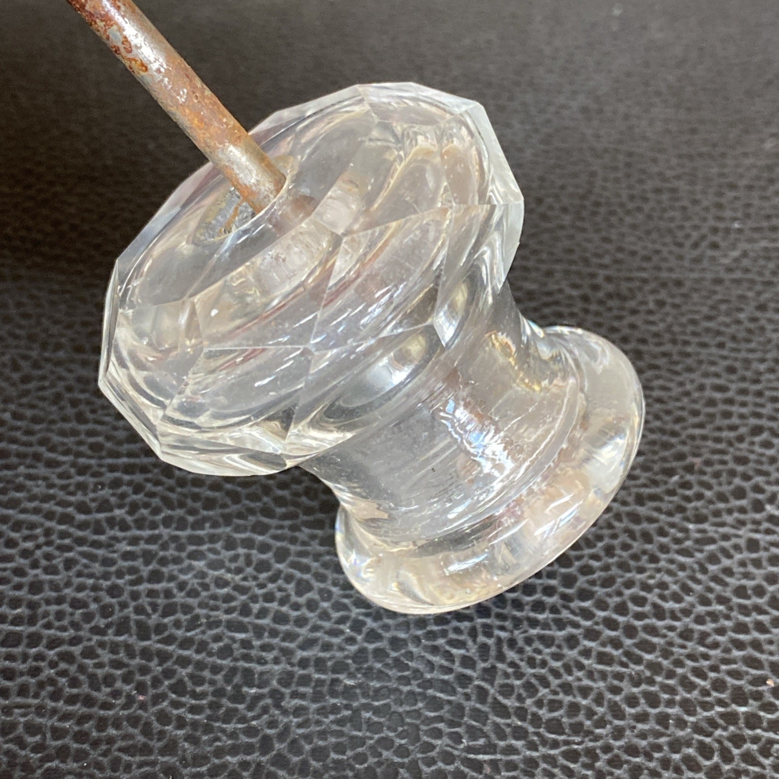 Faceted 1.75”x1-5/8” Antique Pressed Clear Glass Sandwich Drawer Pull Post Bolt