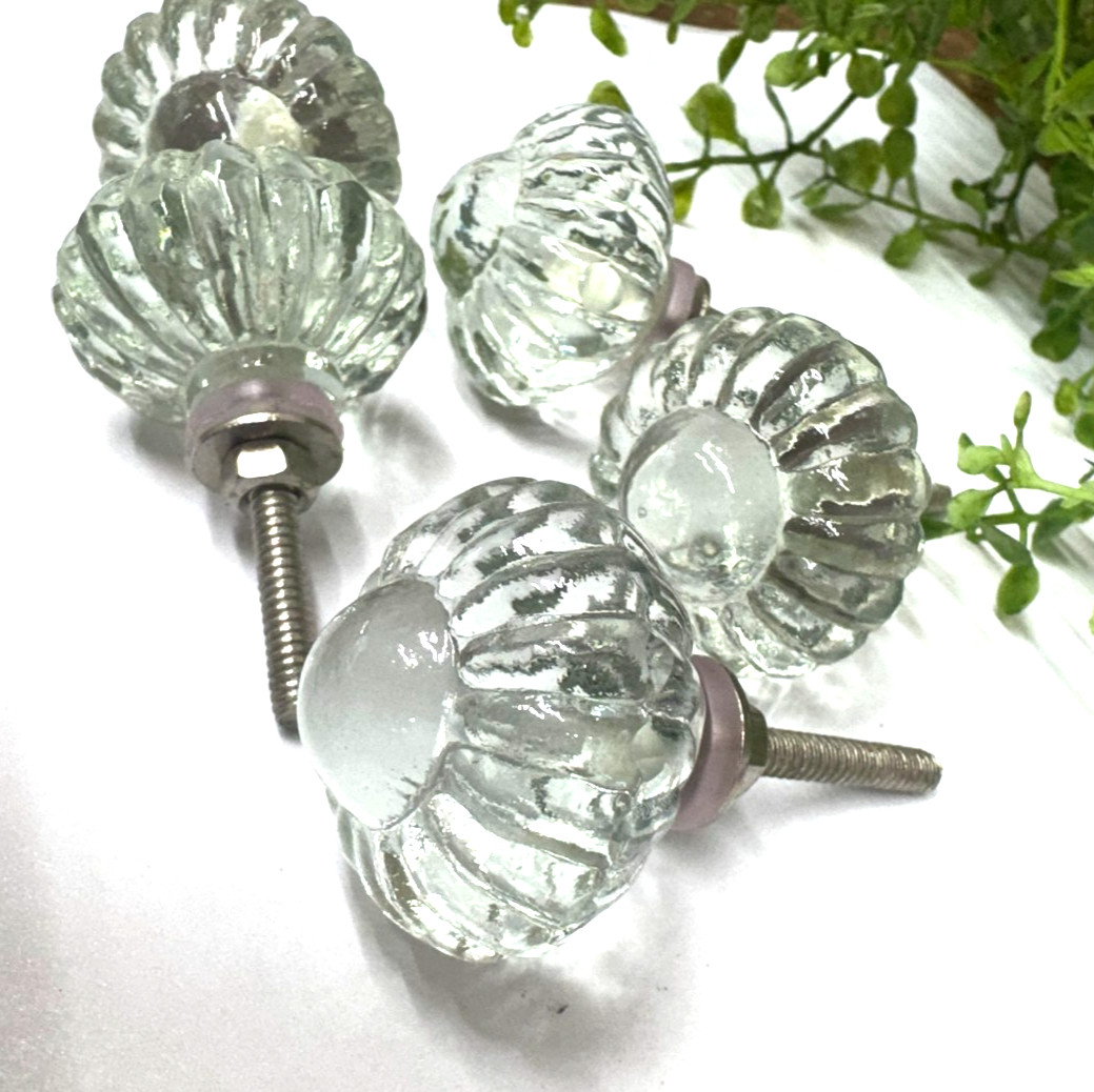 6 Clear Glass 1.38″ round Drawer Pull furniture door knob floral daisy scallop