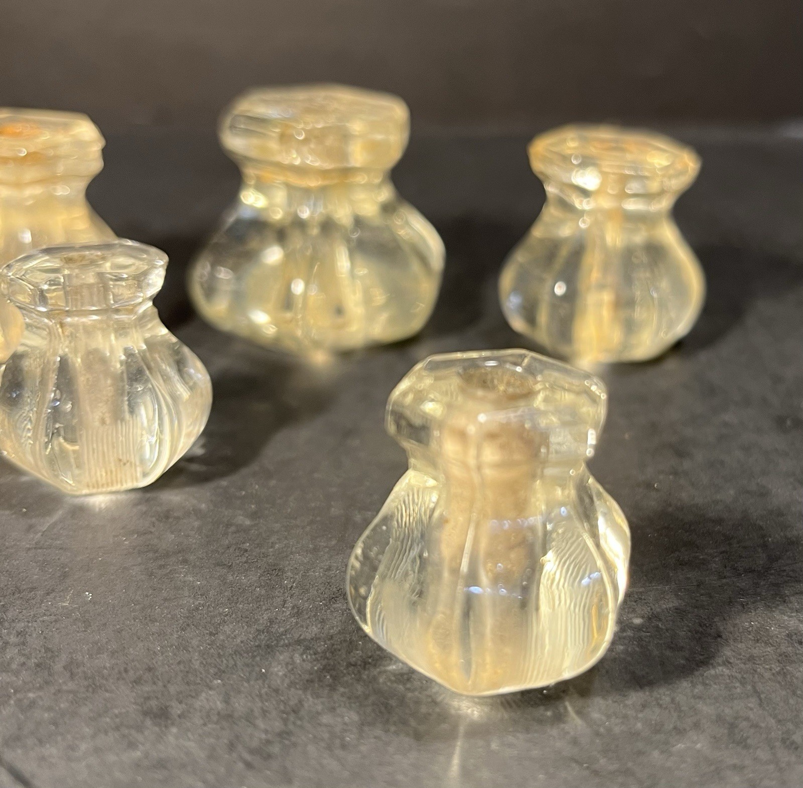 5 Vintage Hexagon Glass Drawer Knob Pulls Two Pairs & One Single