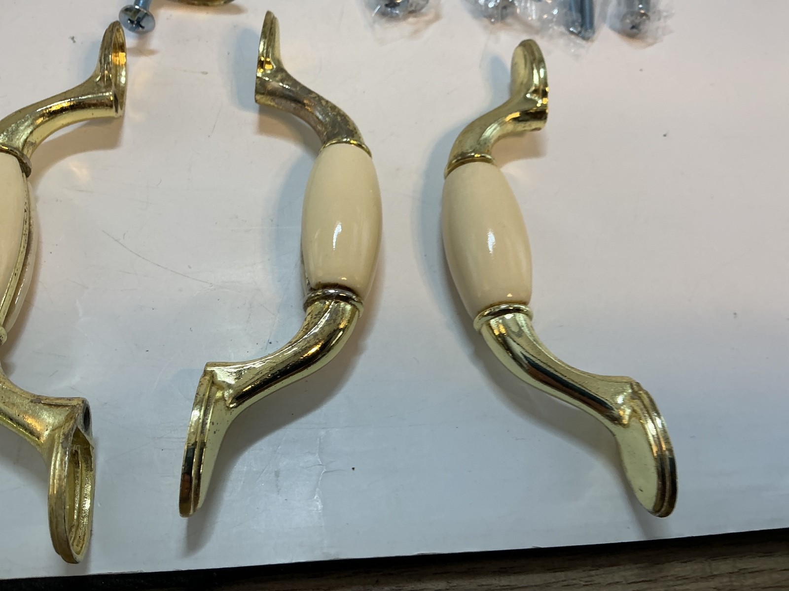 Vintage Door Drawer pulls Beige with gold tone lot of 5 Used