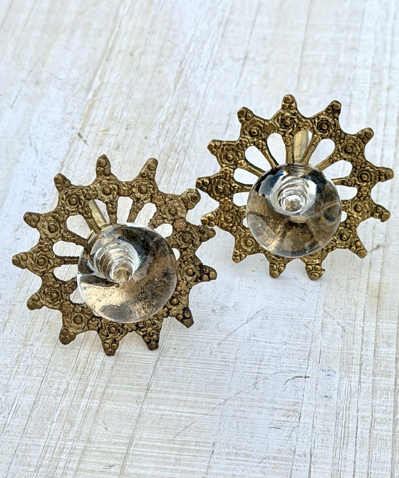 4 Antique Glass Drawer Pull Handle Clear Smooth Cabinet Knob Brass Ornate Base