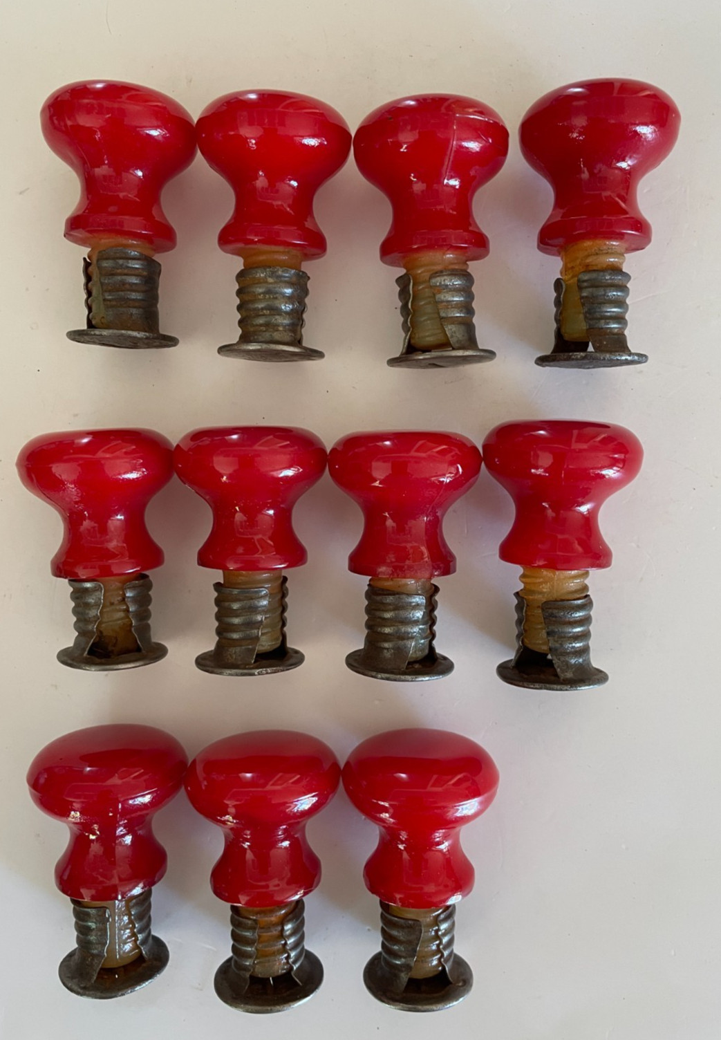 ONE Red Glass Hoosier Cabinet Style Threaded Knob Pull w/ Sleeve Hardware Orig
