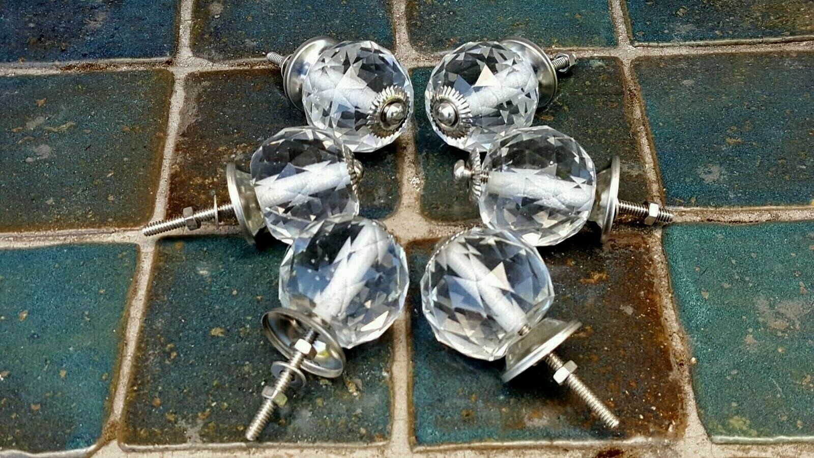 6 FACETED CUT GLASS DRAWER PULLS CLEAR MATCHING LARGE 1 3/4″ WIDE BALL