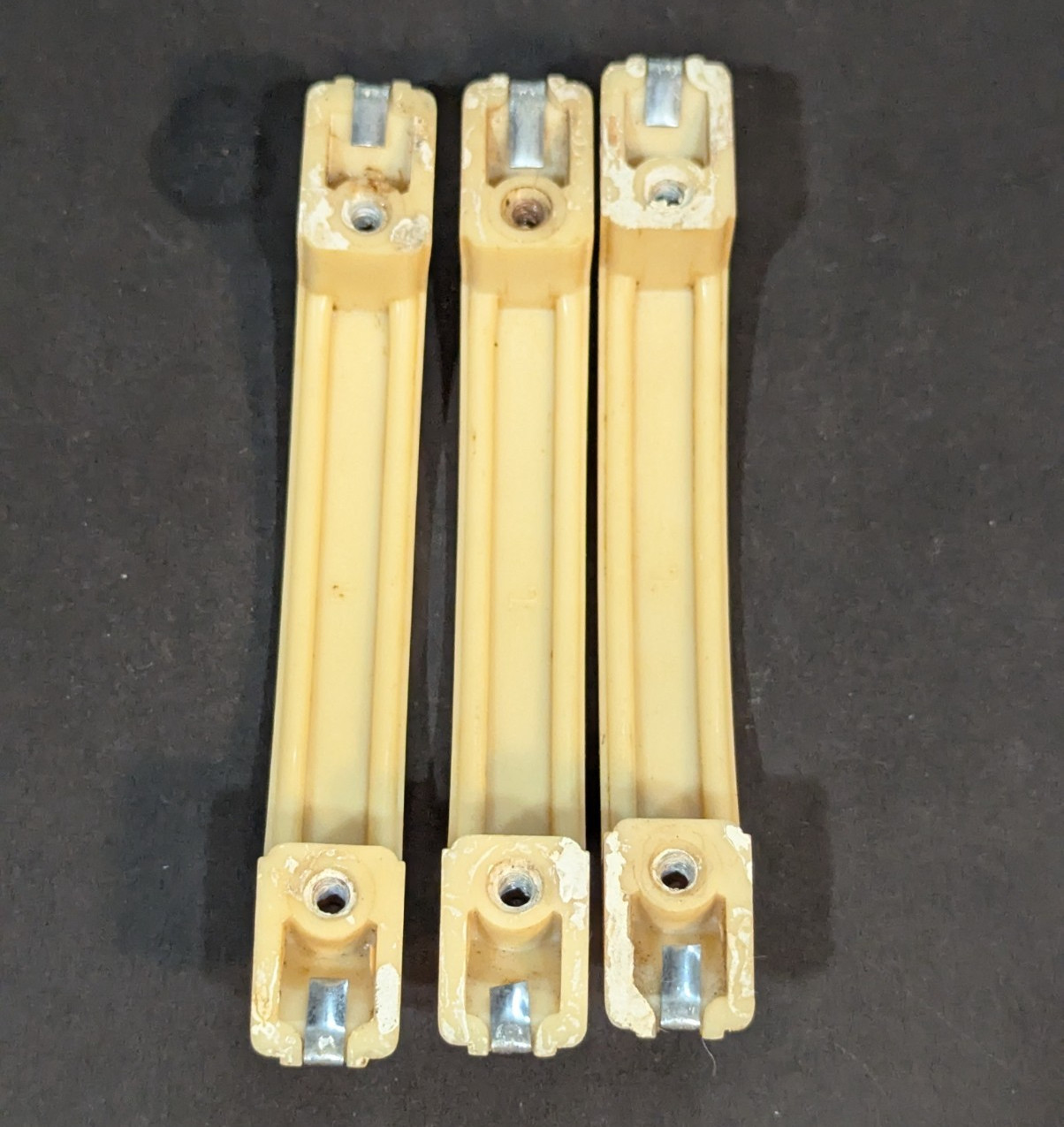 3 Art Deco Ivory Cream Color Plastic Drawer Cabinet Pulls with Chrome Strip