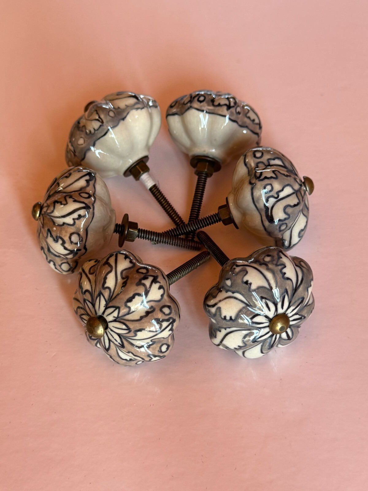 Set 6 Antique Style Ceramic Hand Decorated Bronze Tone Drawer Pulls Knobs Flower