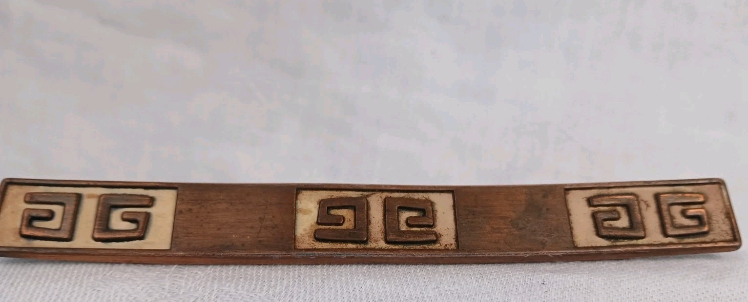 Vtg Set 2 Drawer Pull Handle + Knob Copper Enamel Asian Greek 3″ Centers MCM