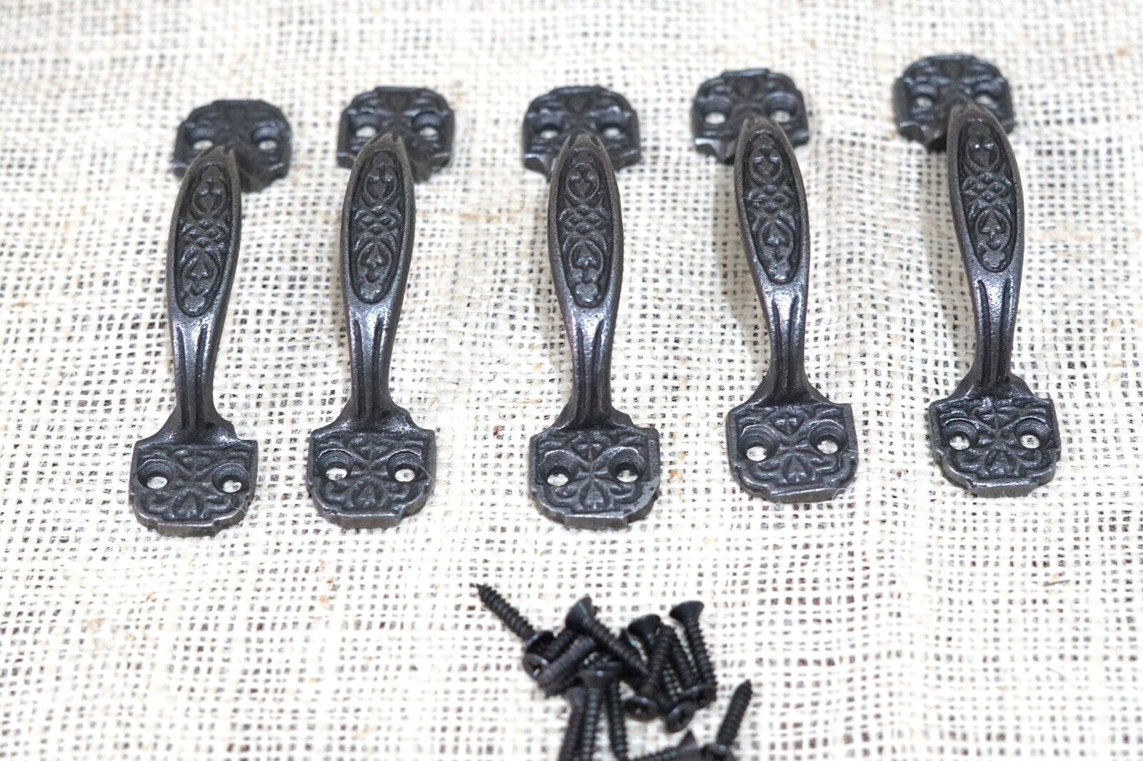 5 Small Drawer Pulls 4 1/4″ Window Antique Vintage Style Ornate Rustic Cast Iron