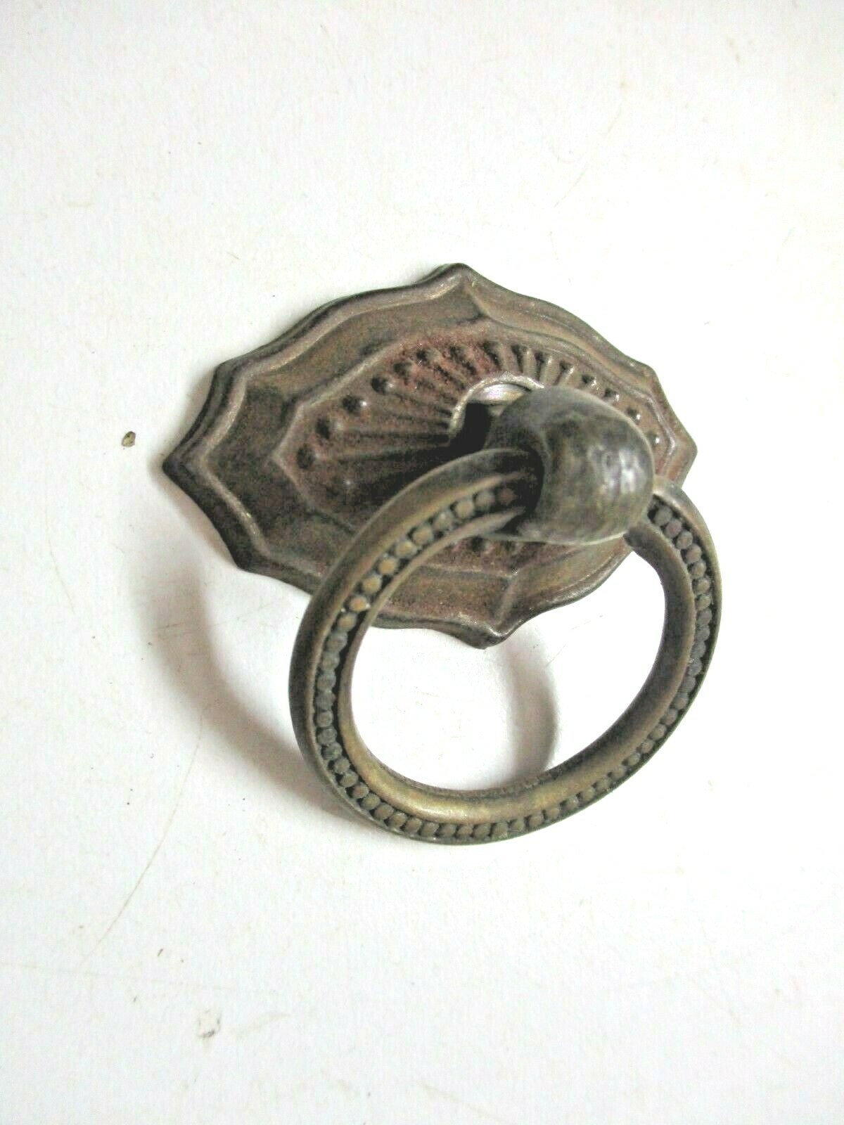 Small 1900s Aged Dark Brass Plated Drop Ring Pull Handle & Backplate 1 Antique
