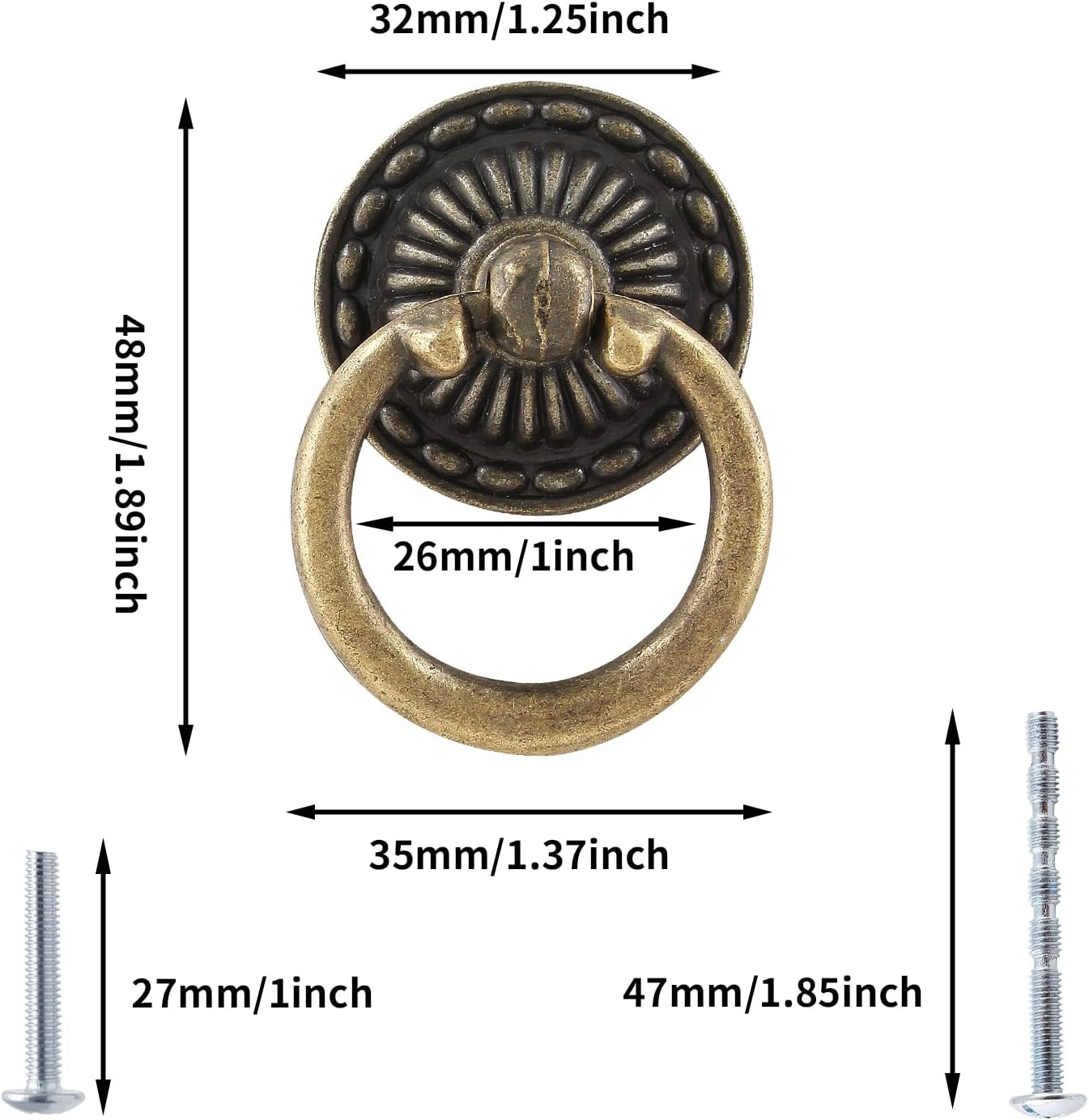 6Pcs Vintage Bronze Drop Ring Knobs, Antique Drawer Pull Round Handle Style 1