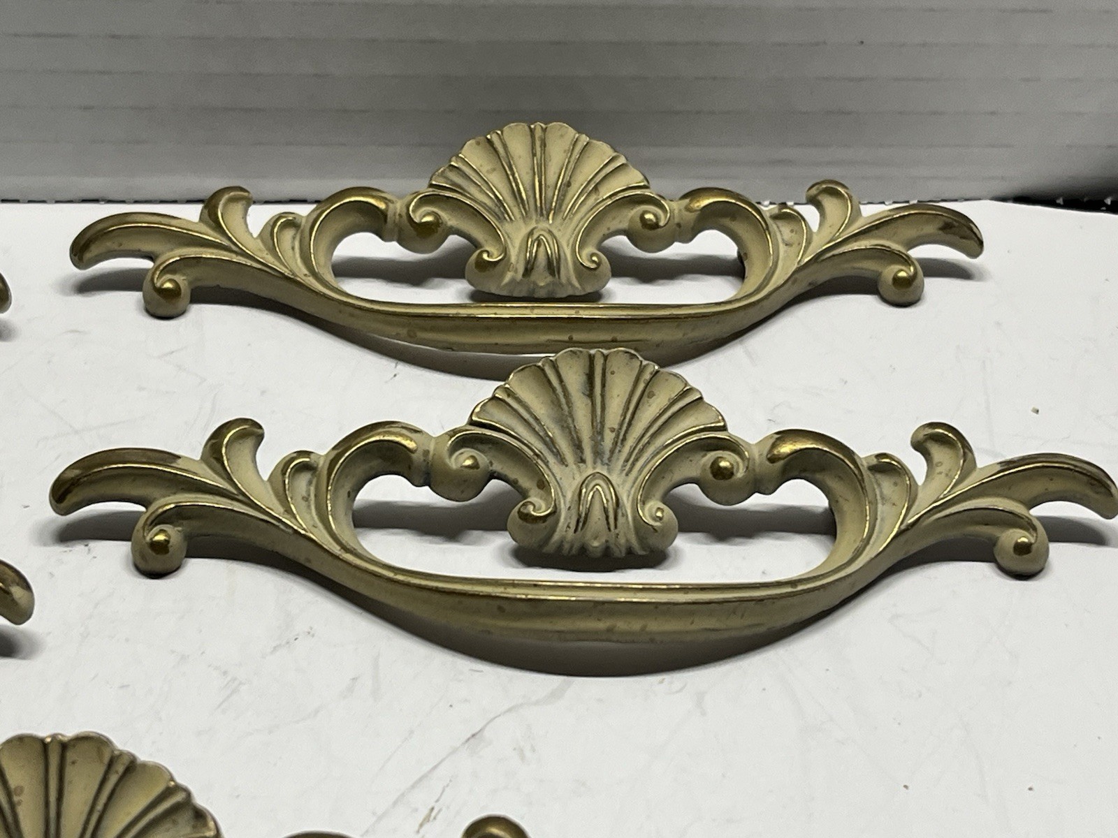 Vintage Lot (5) NOS KBC Brass & Beige Whitewash Shell Design Fixed Drawer Pulls