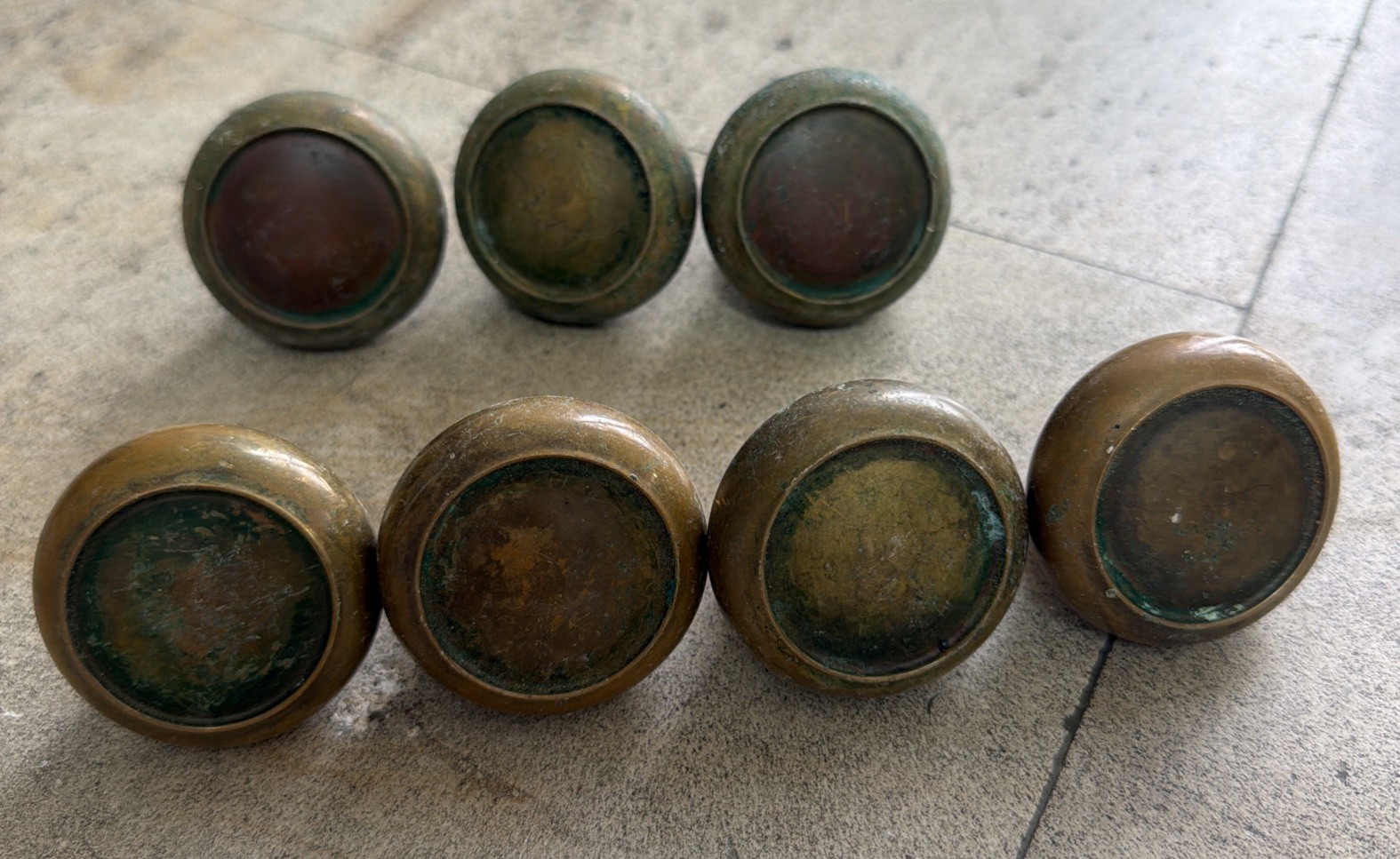 1 Antique 1930s Circle Design Hollow Brass Door Pull Knob Handle Vintage Patina