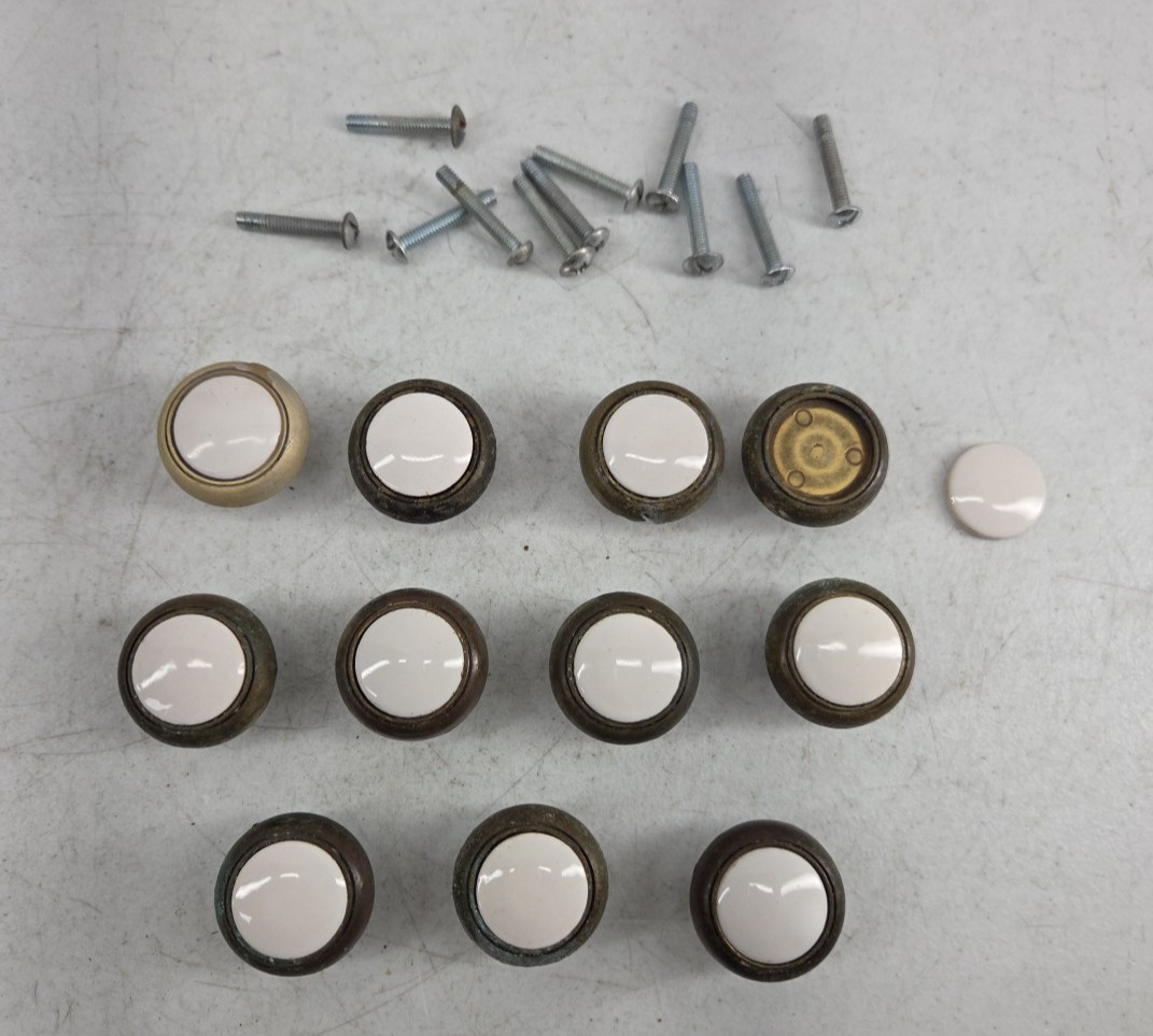 Vintage Lot of 11 Drawer Pull Knobs Round Handle Porcelain Brass