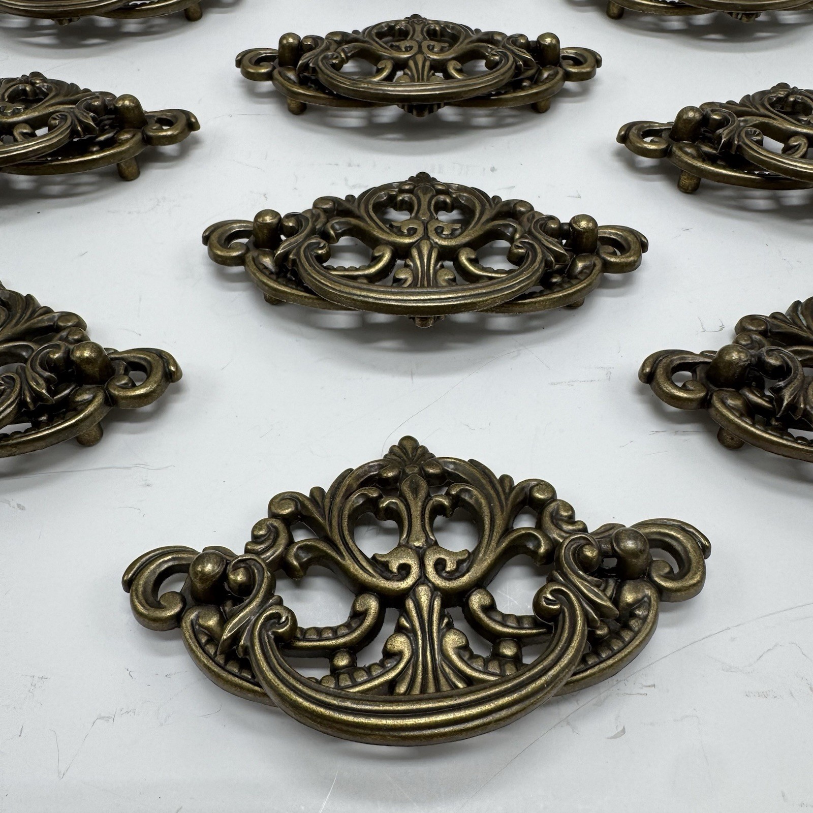 Vintage 1988 80s Antique Brass Bail Drop Drawer Pull Hardware Ornate Replacement