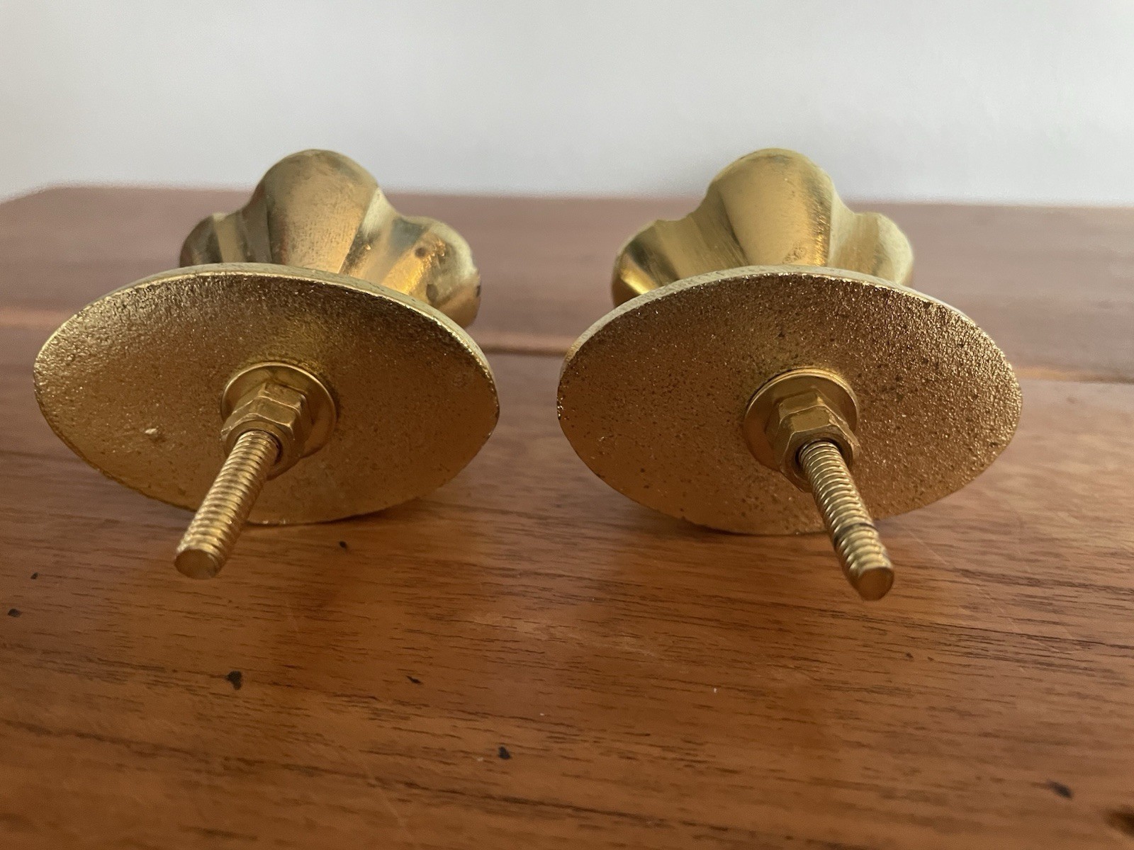 2 Vintage Mid Century Flower Drawer Pulls W/Back Plate Gold/White Ball Center