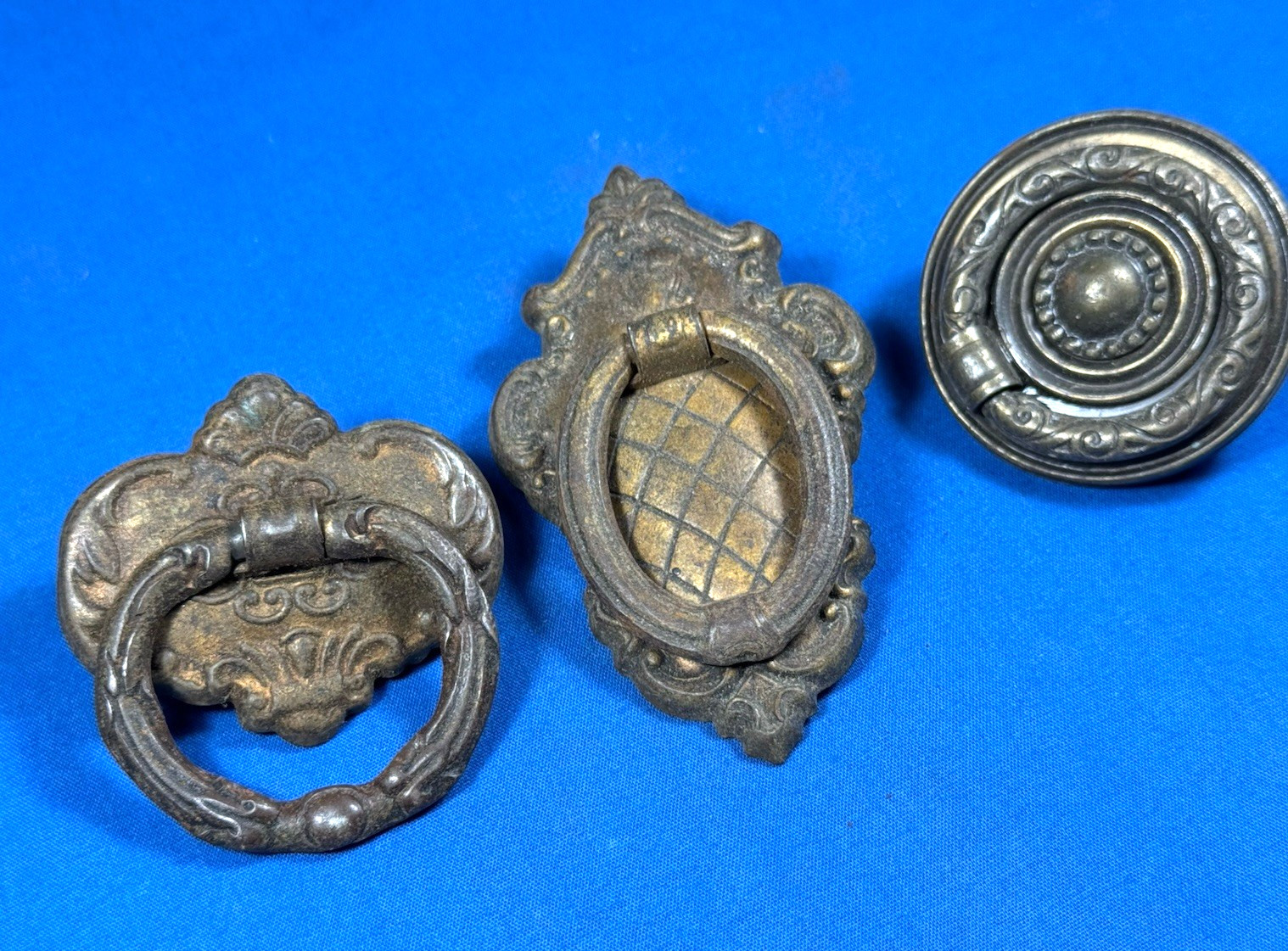 3 Old Drawer Finger Ring PULLS ~ Ea. Different, Salvaged Furniture Hardware