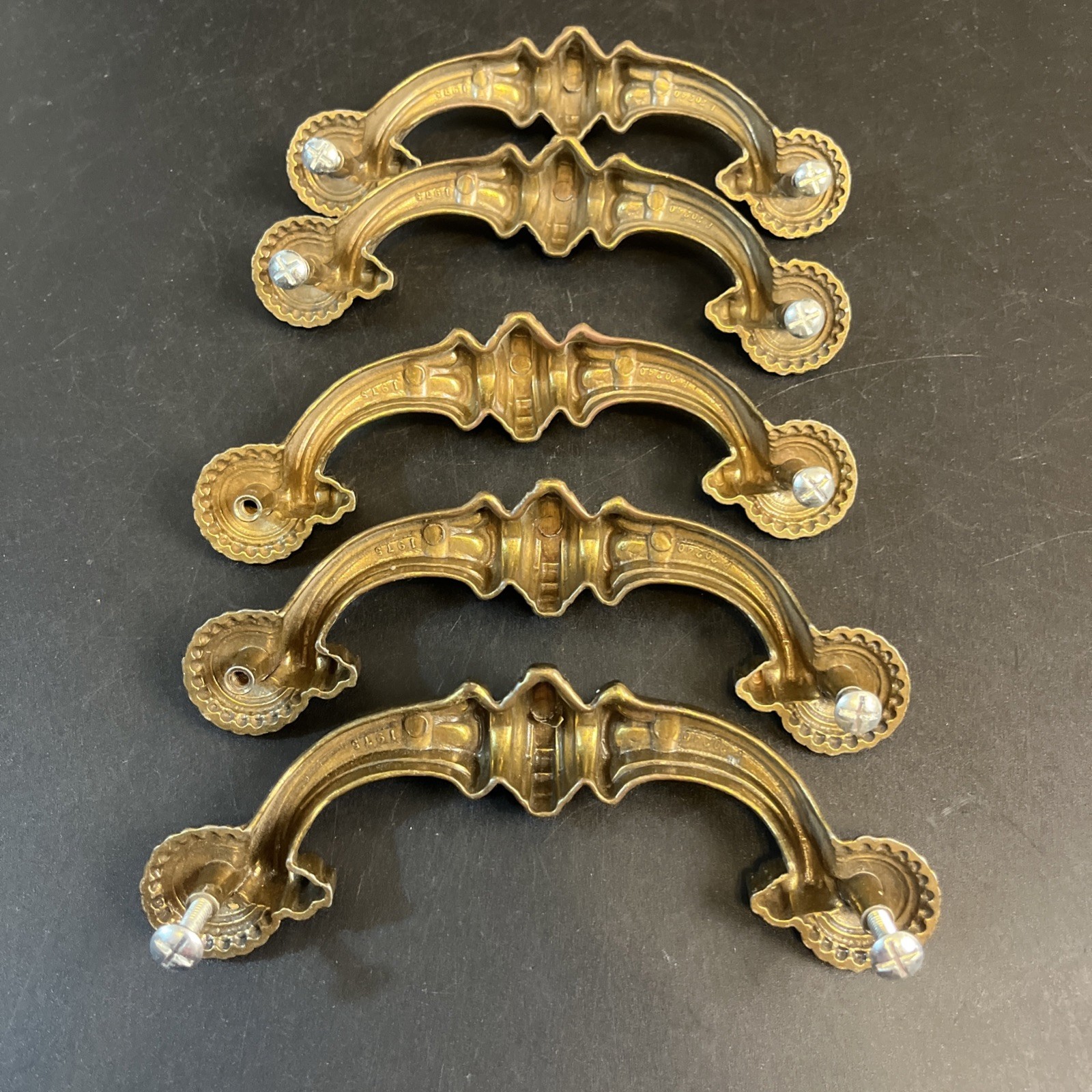 5 Vtg Ornate Solid Brass Drop Bail Pull Dresser Handles Set Hollywood Regency