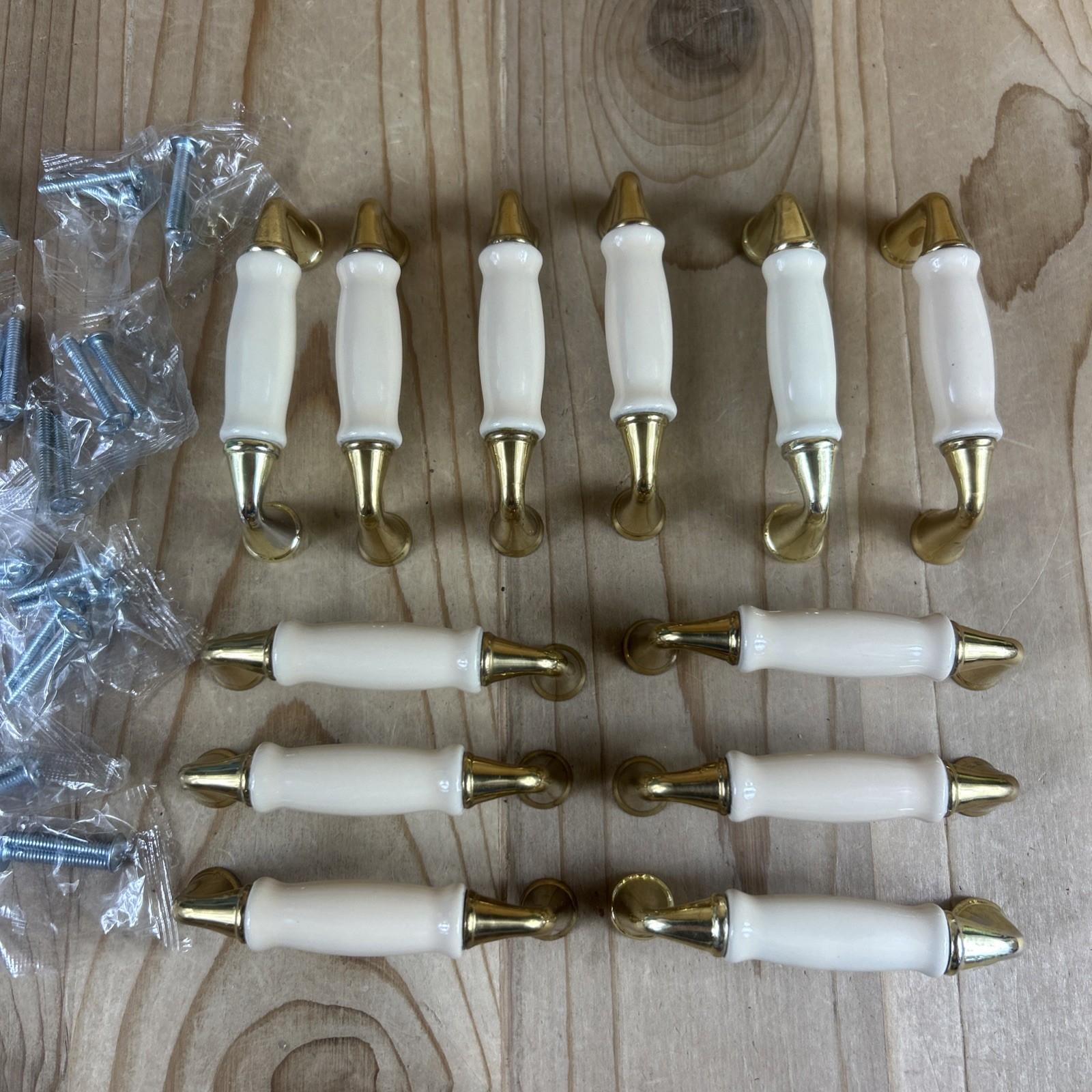 Vintage Drawer Pulls Cabinet Handles Set of 12 Beige Ceramic Center 3.5” Brass