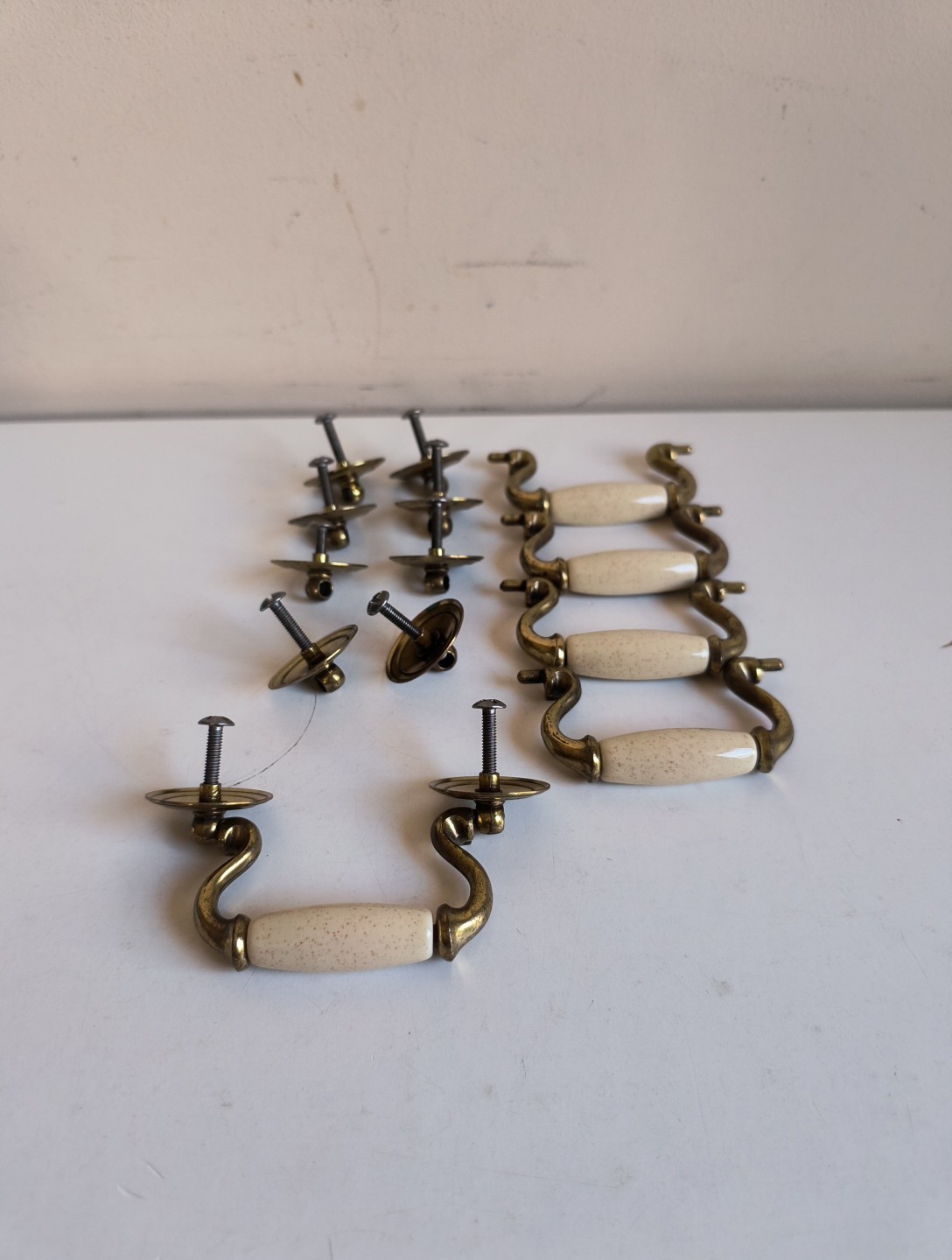 Vintage Brass & White Ceramic Drawer Pulls Traditional French Style Handles (5)