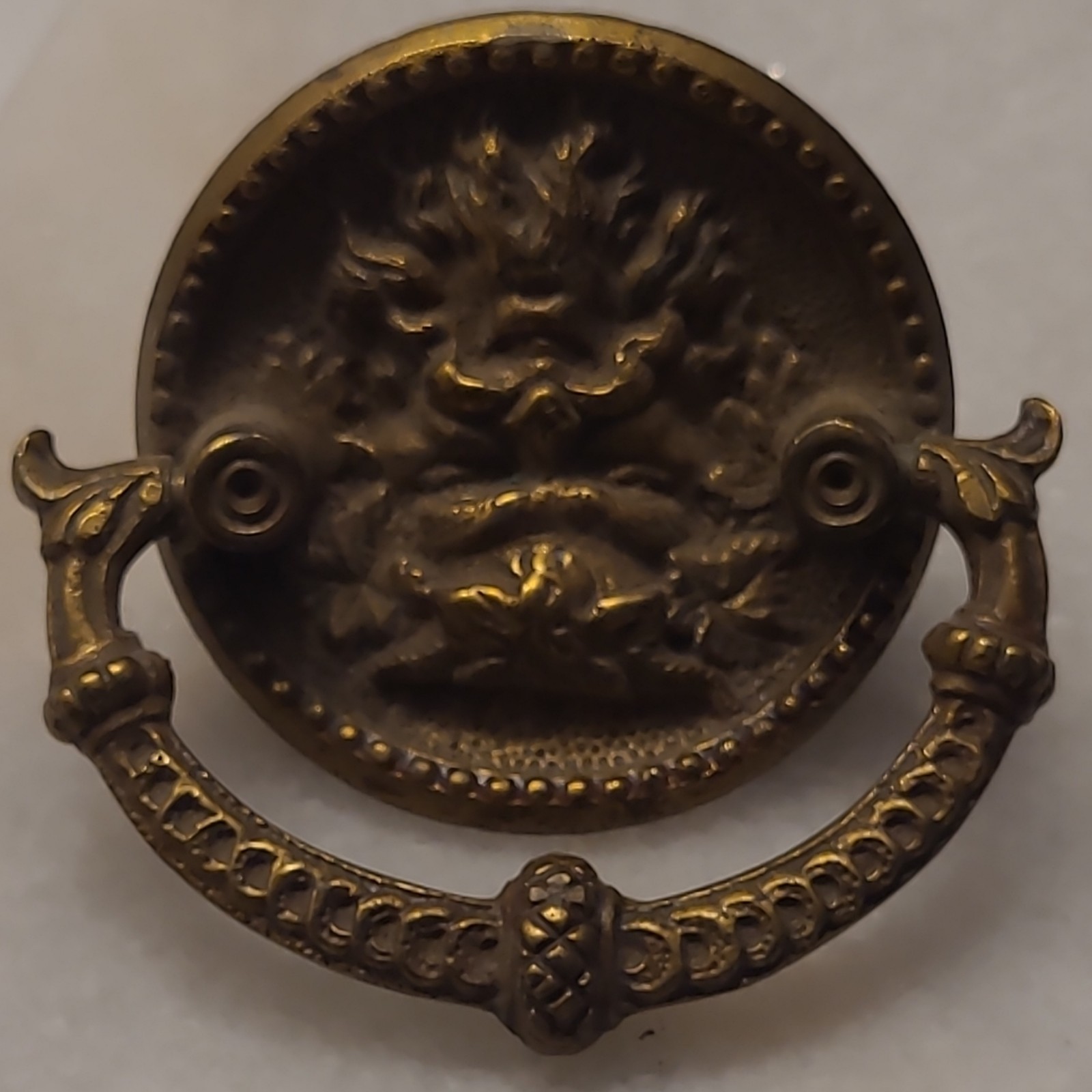 Antique Style Head Face Brass Tone Metal Bail Drawer Pull Door Knocker