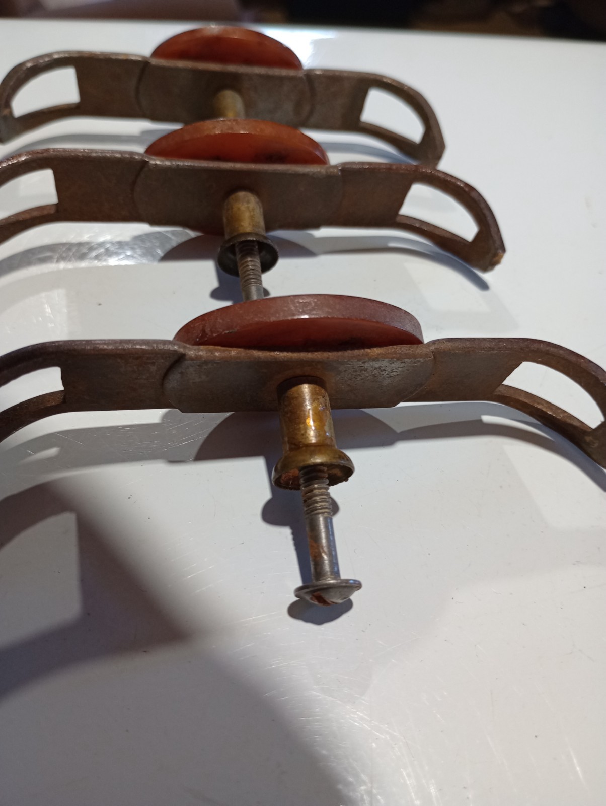 Vtg. Drawer Pulls, Brass, Bakelite, Art Deco, 4″ x 3/4″, set of 6 Rare
